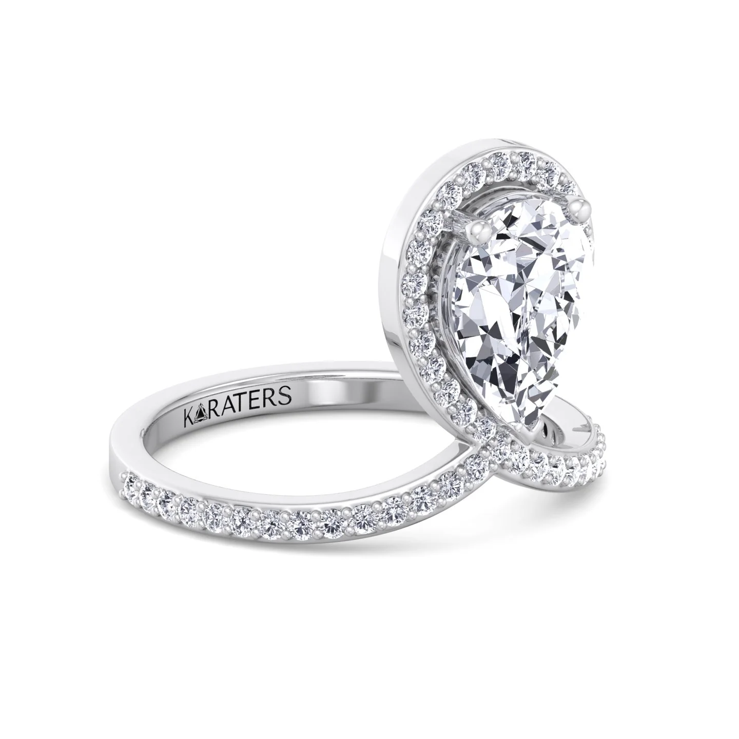 Pear Shaped Cut Lab Grown Diamond Engagement Ring With Halo and Twisted Pave Band - Image 4