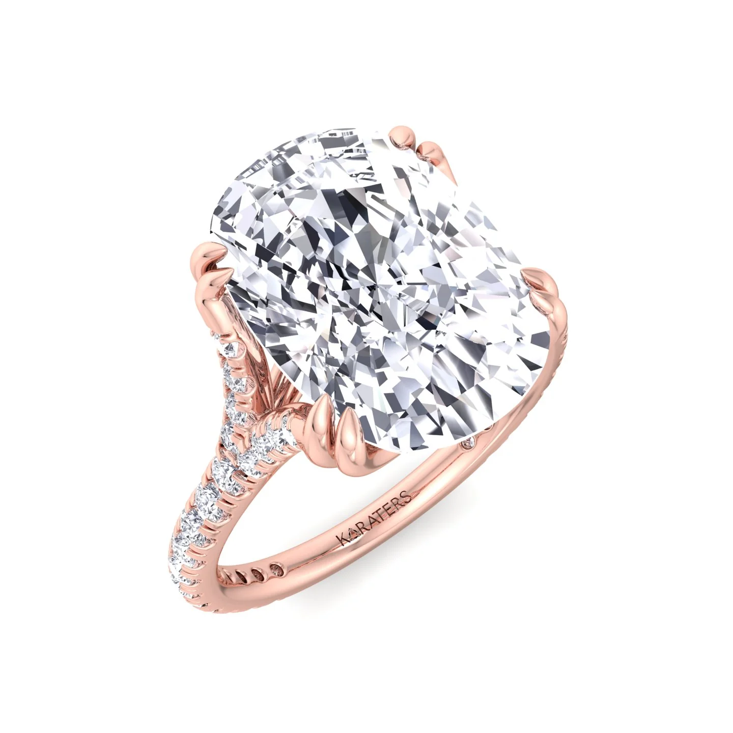 Elongated Cushion Shape Lab Grown Diamond Engagement Ring with Double Claw and Pave Band - Image 13
