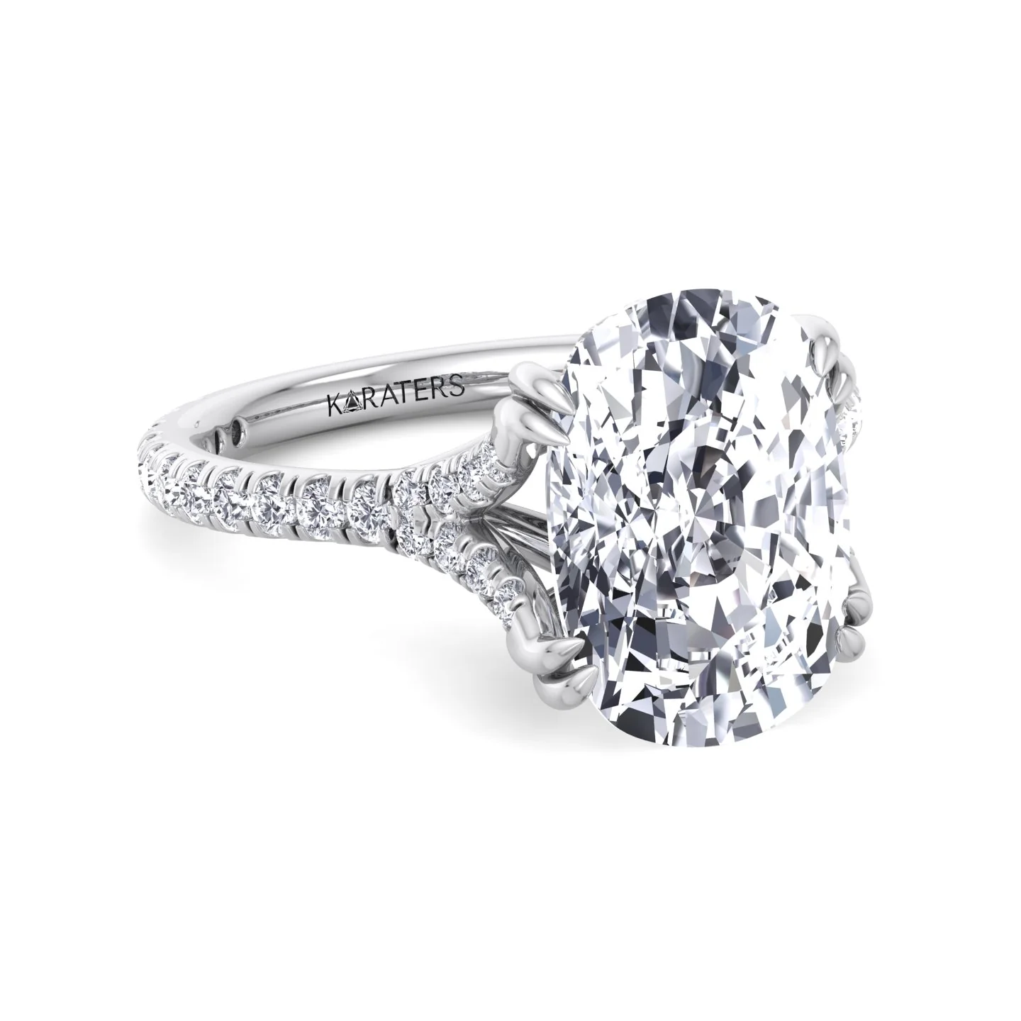 Elongated Cushion Shape Lab Grown Diamond Engagement Ring with Double Claw and Pave Band - Image 5