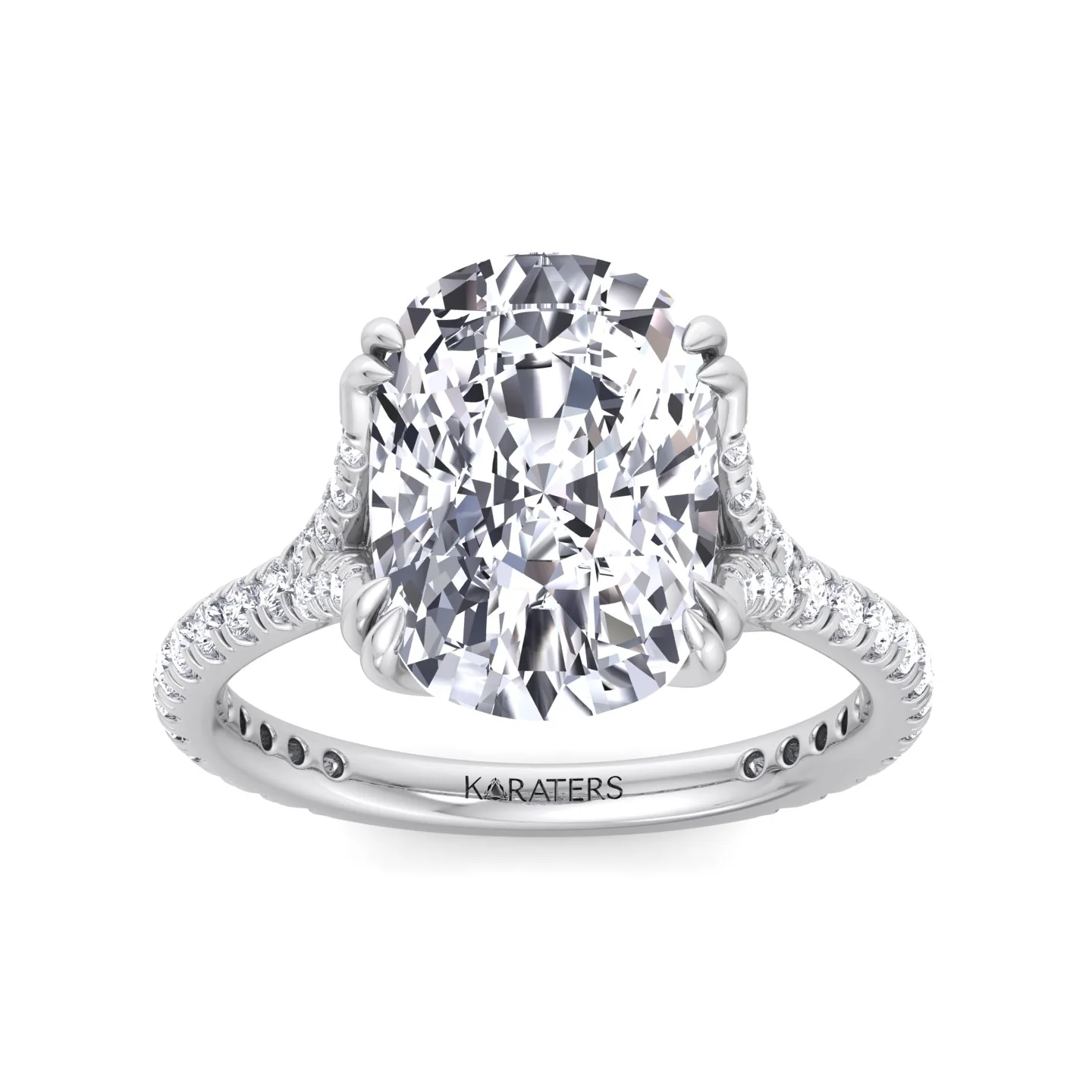 Elongated Cushion Shape Lab Grown Diamond Engagement Ring with Double Claw and Pave Band - Image 6