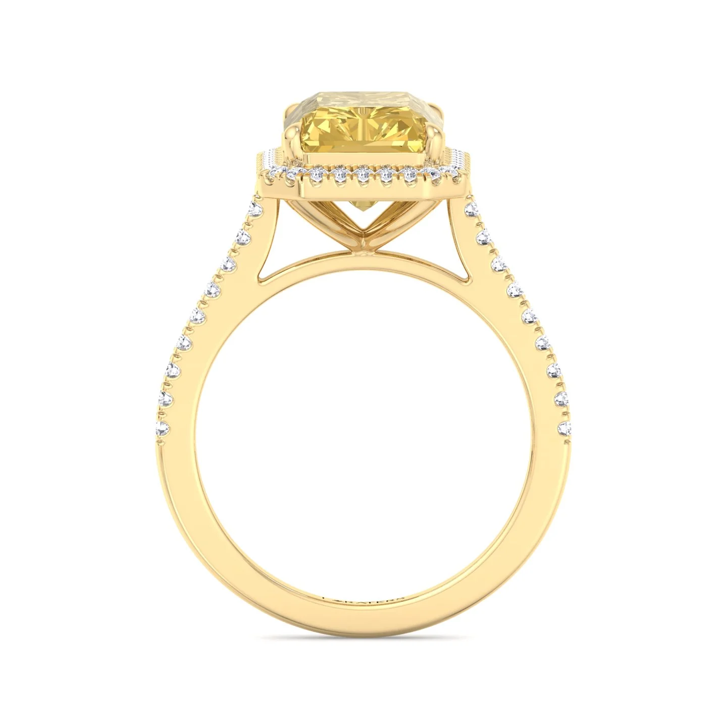 Radiant Cut Canary Yellow Lab-Grown Diamond Engagement Ring With Pave Band and Halo - Image 10