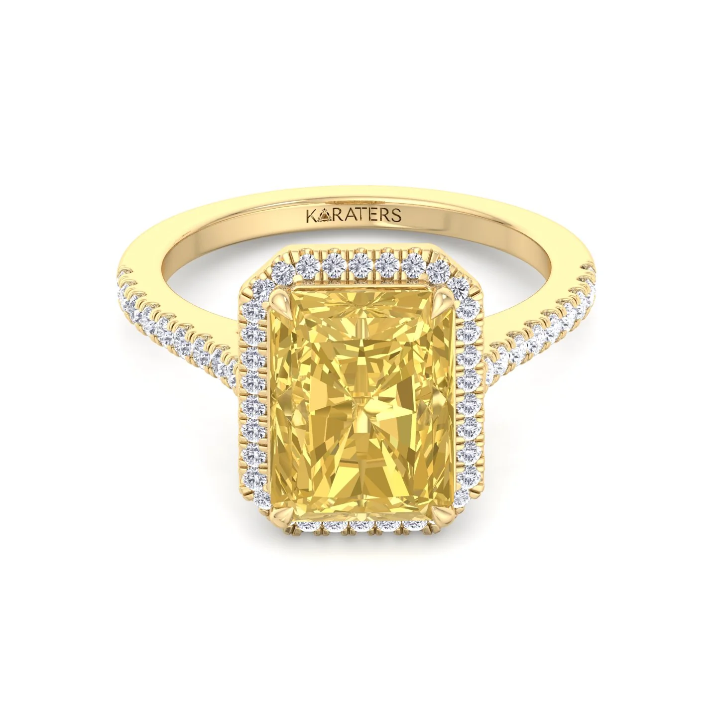 Radiant Cut Canary Yellow Lab-Grown Diamond Engagement Ring With Pave Band and Halo - Image 11