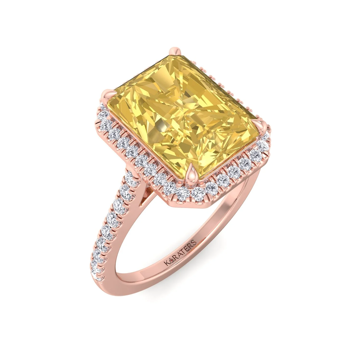 Radiant Cut Canary Yellow Lab-Grown Diamond Engagement Ring With Pave Band and Halo - Image 13