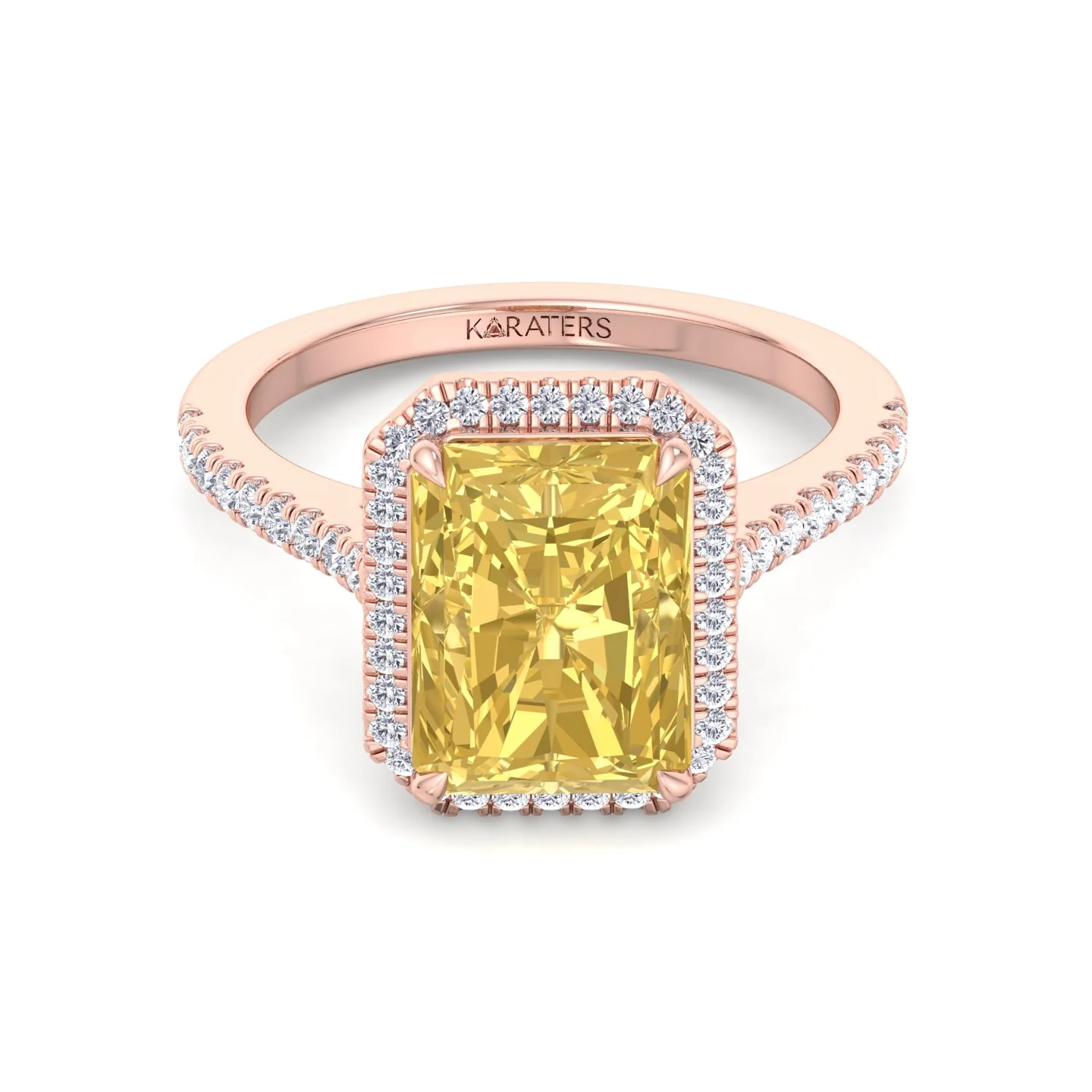 Radiant Cut Canary Yellow Lab-Grown Diamond Engagement Ring With Pave Band and Halo - Image 14