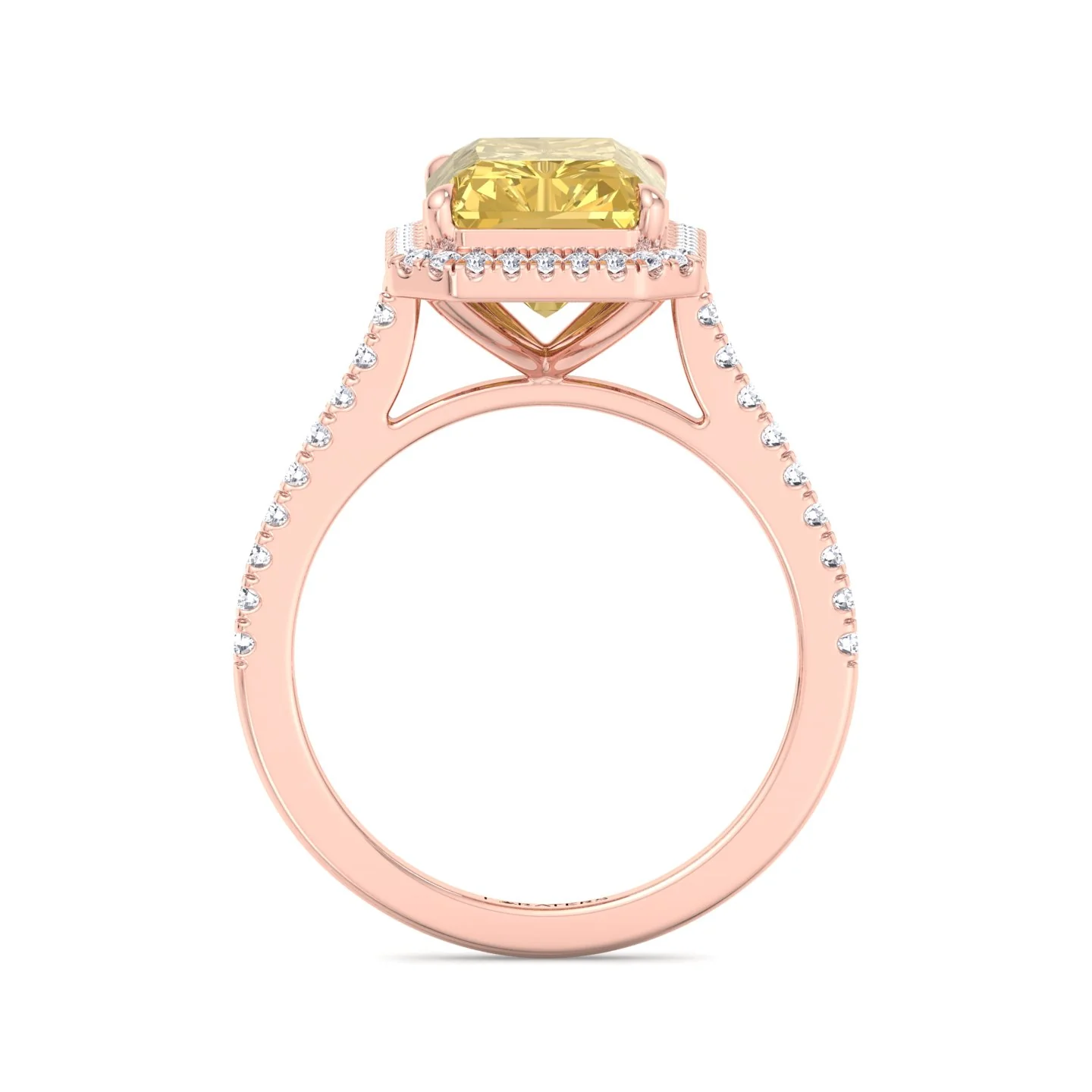 Radiant Cut Canary Yellow Lab-Grown Diamond Engagement Ring With Pave Band and Halo - Image 15