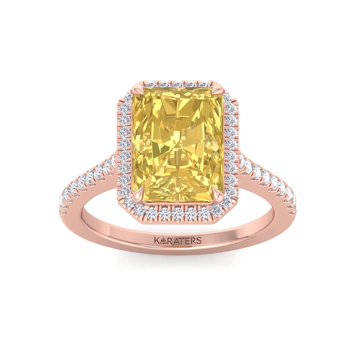 Radiant Cut Canary Yellow Lab-Grown Diamond Engagement Ring With Pave Band and Halo - Image 16