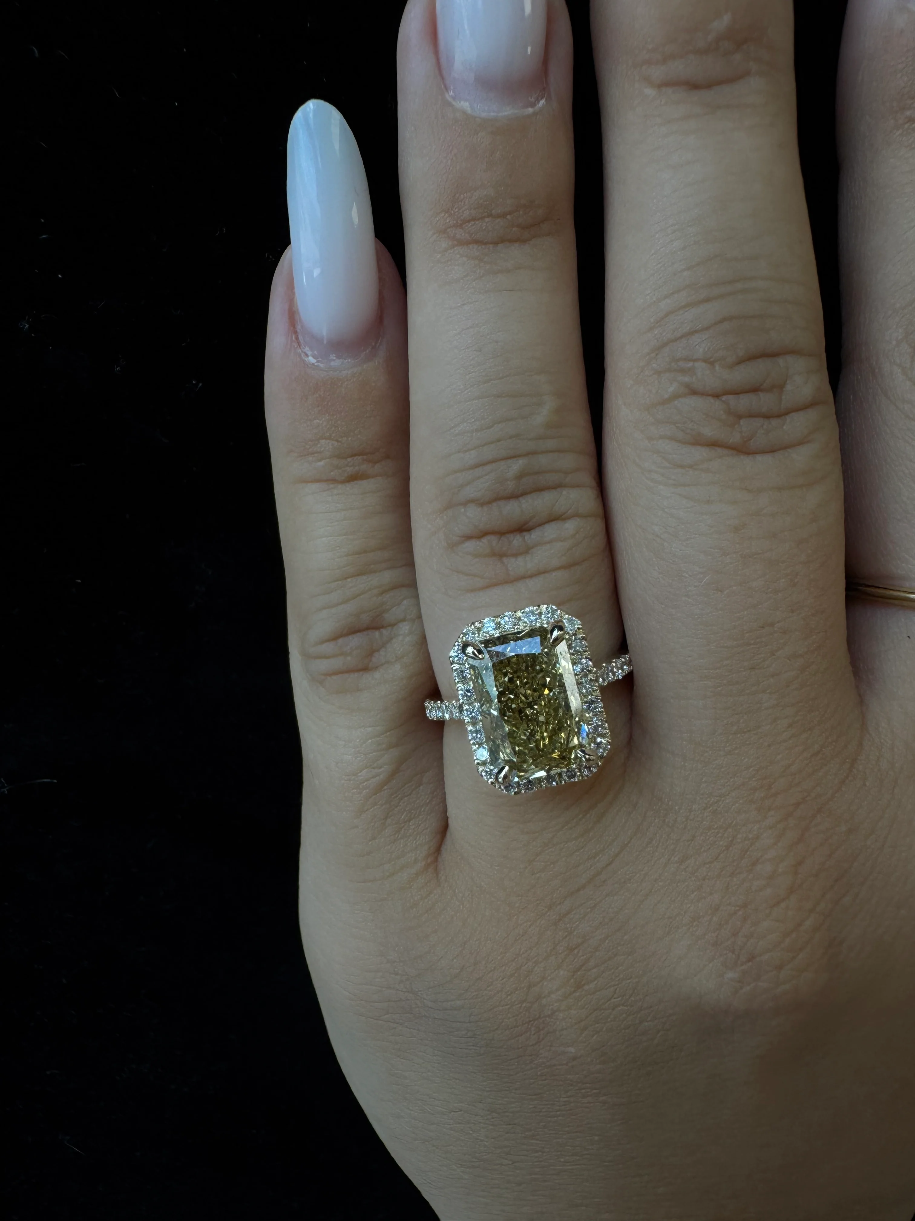 Radiant Cut Canary Yellow Lab-Grown Diamond Engagement Ring With Pave Band and Halo - Image 3