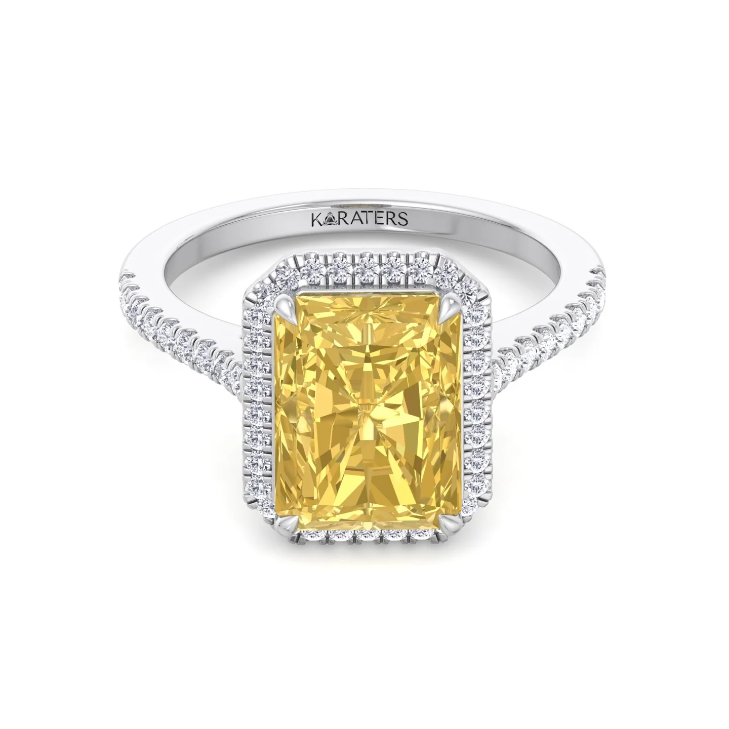 Radiant Cut Canary Yellow Lab-Grown Diamond Engagement Ring With Pave Band and Halo - Image 5