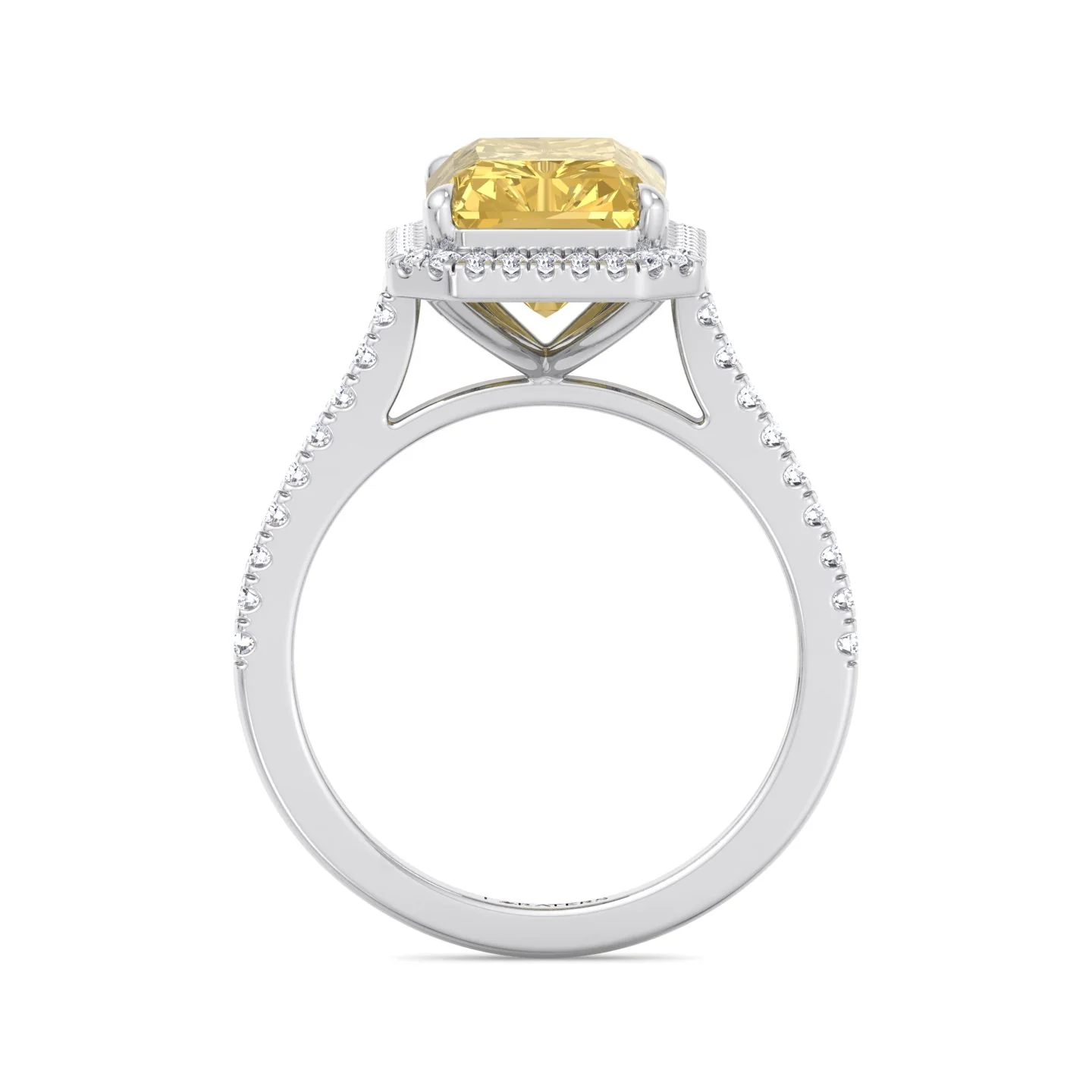 Radiant Cut Canary Yellow Lab-Grown Diamond Engagement Ring With Pave Band and Halo - Image 6