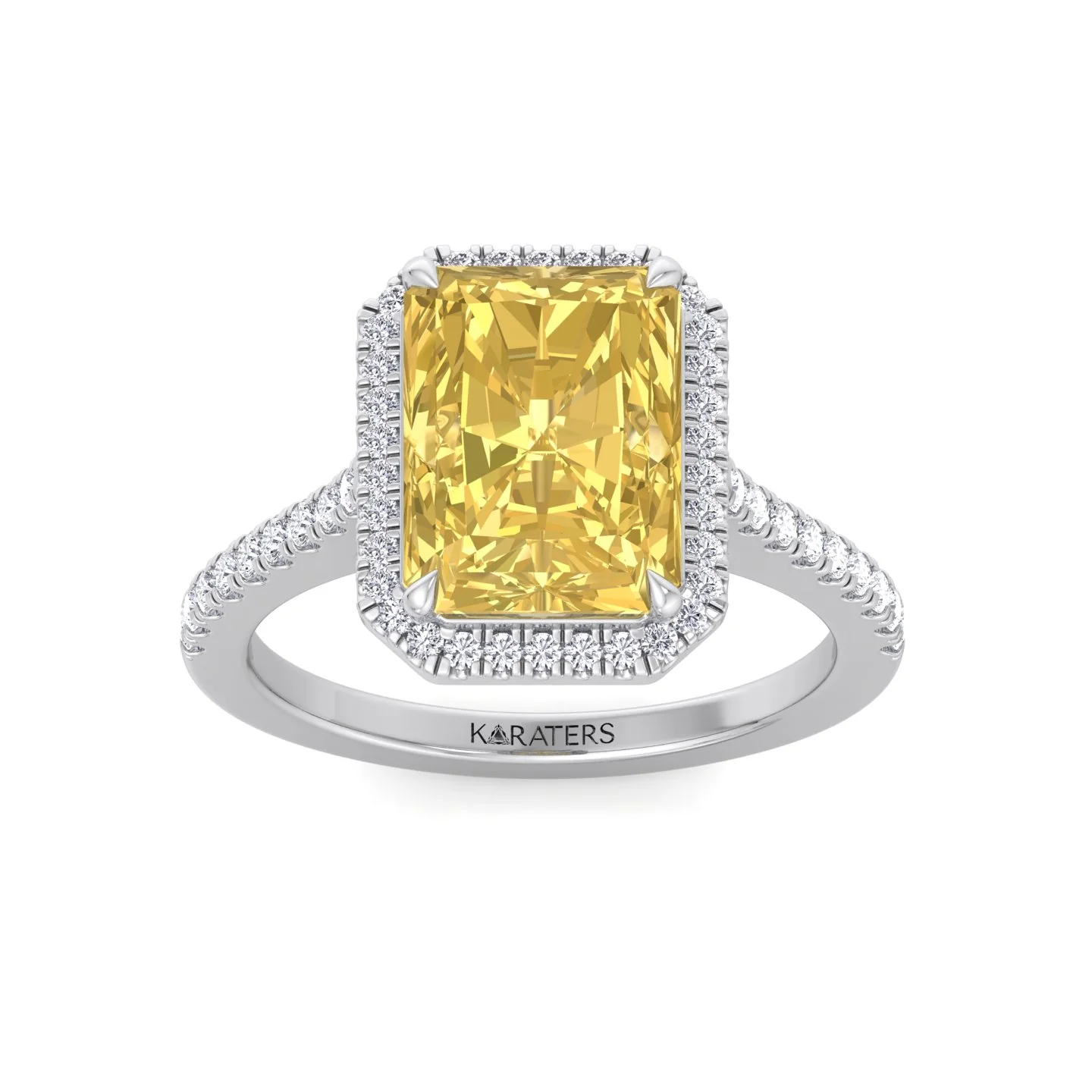 Radiant Cut Canary Yellow Lab-Grown Diamond Engagement Ring With Pave Band and Halo - Image 7