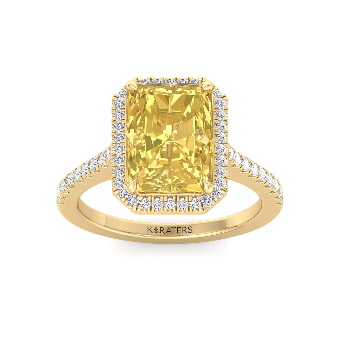 Radiant Cut Canary Yellow Lab-Grown Diamond Engagement Ring With Pave Band and Halo - Image 9
