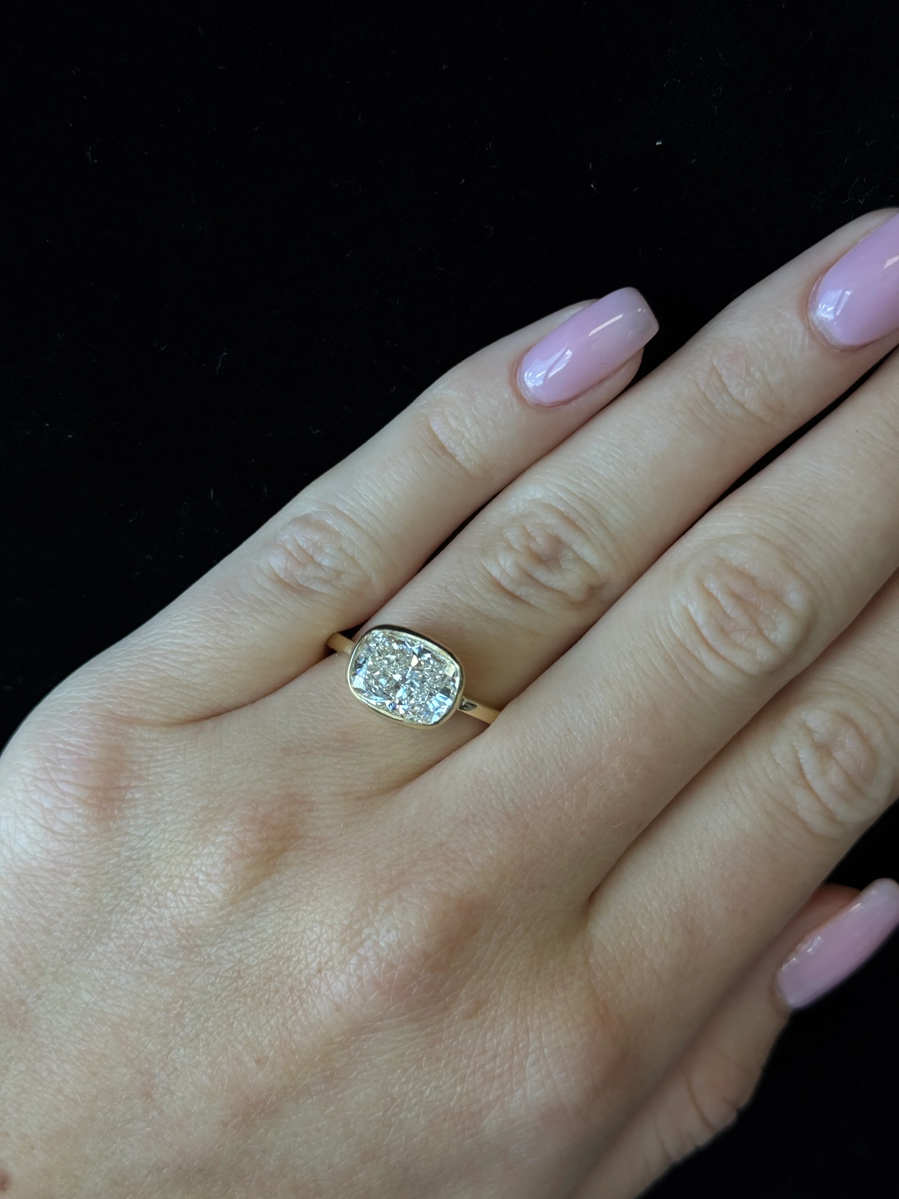 Elongated Cushion Cut East West Lab Grown Diamond Bezel Engagement Ring - Image 16