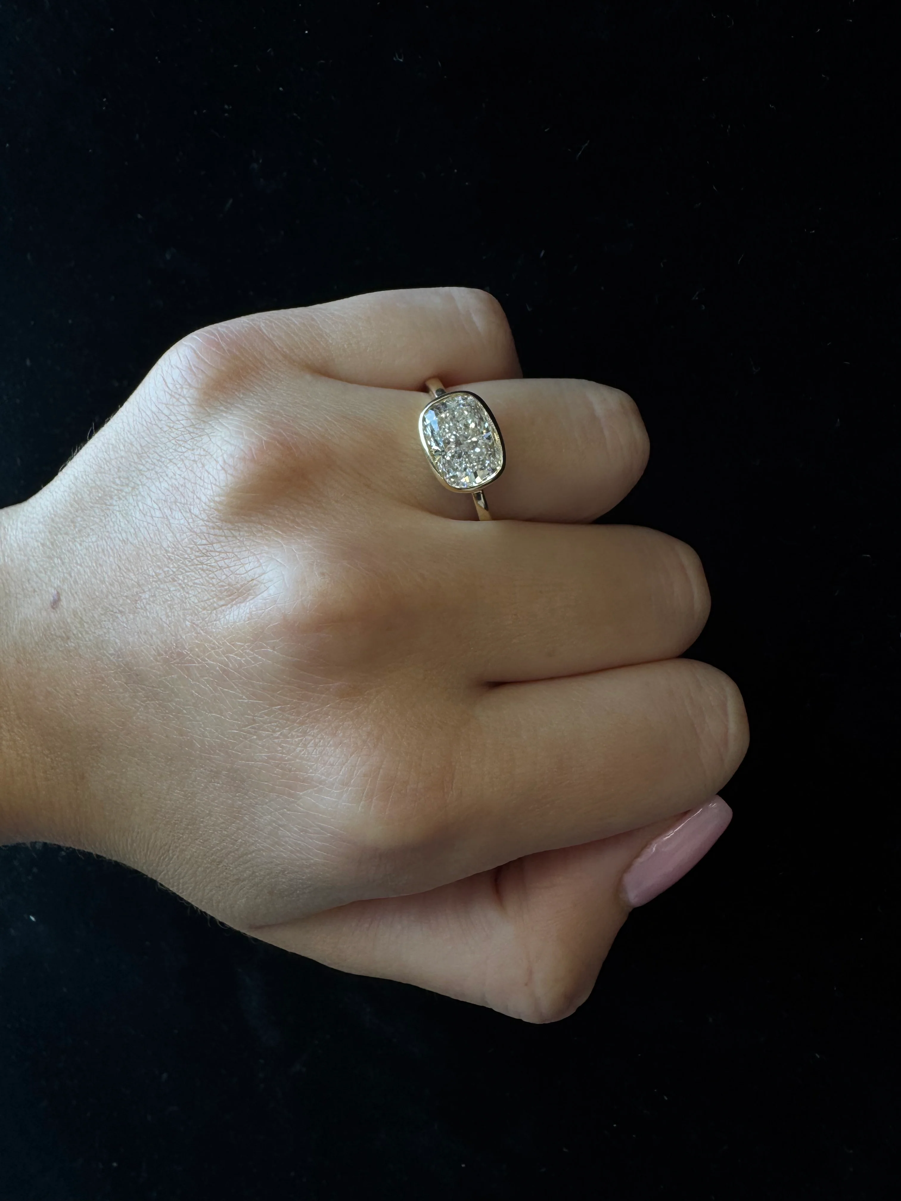 Elongated Cushion Cut East West Lab Grown Diamond Bezel Engagement Ring - Image 17