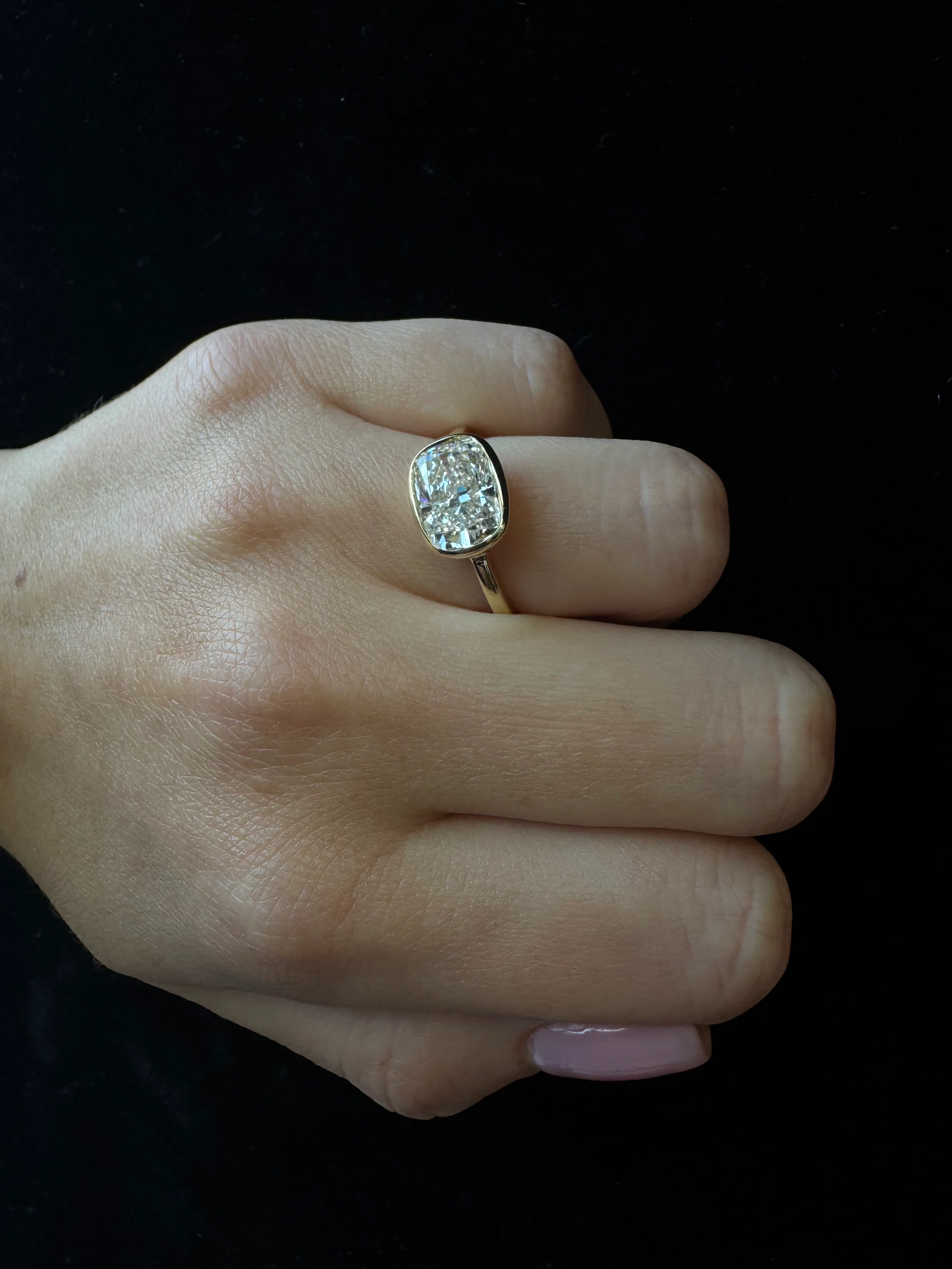 Elongated Cushion Cut East West Lab Grown Diamond Bezel Engagement Ring - Image 8