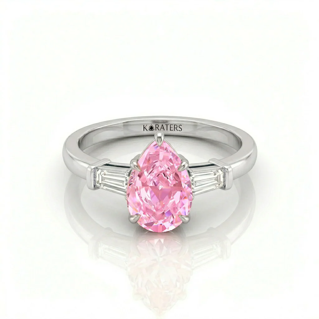 Fancy Pink Pear Shape Lab-Grown Diamond Engagement Ring with Tapered Baguette Sidestones - Image 3