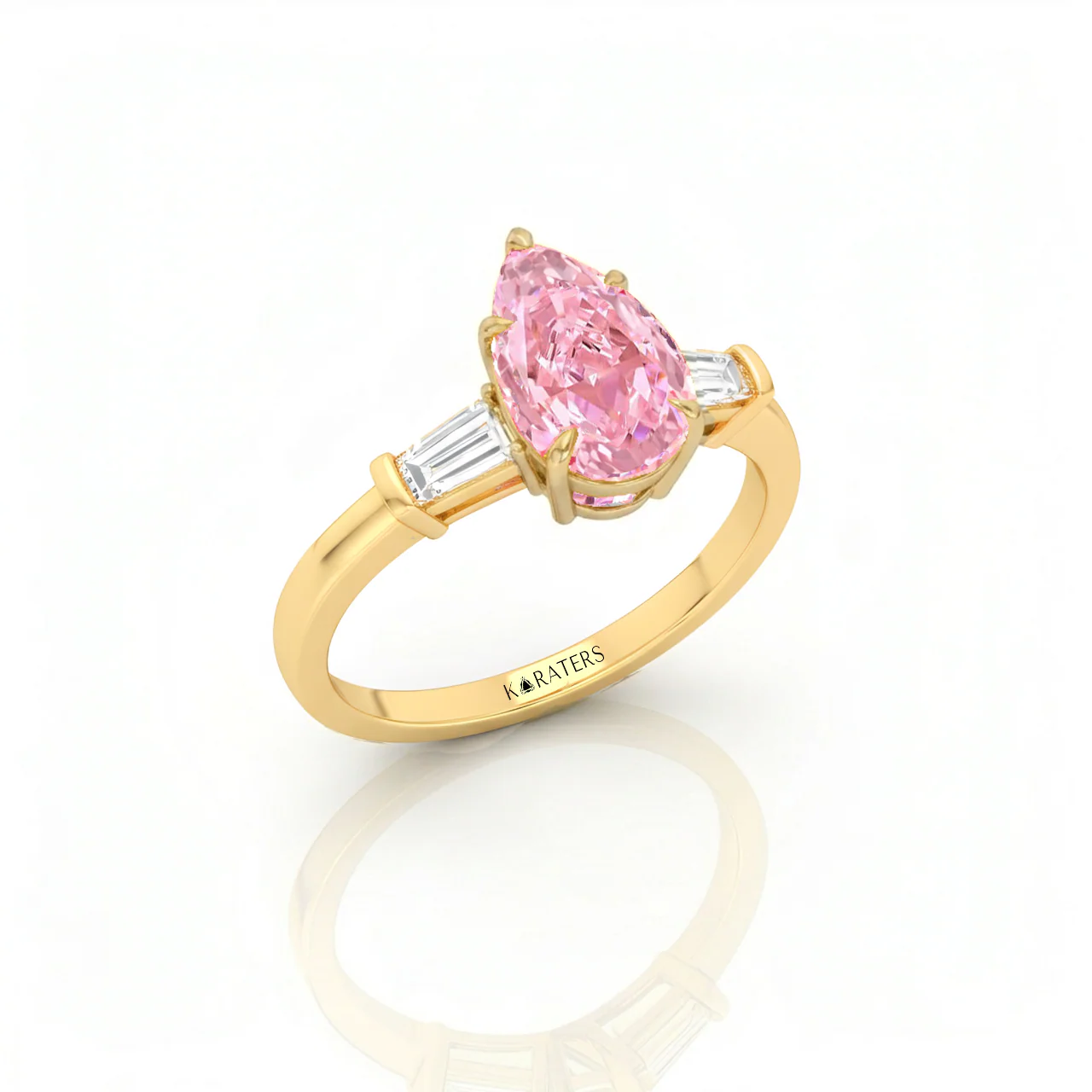 Fancy Pink Pear Shape Lab-Grown Diamond Engagement Ring with Tapered Baguette Sidestones - Image 4
