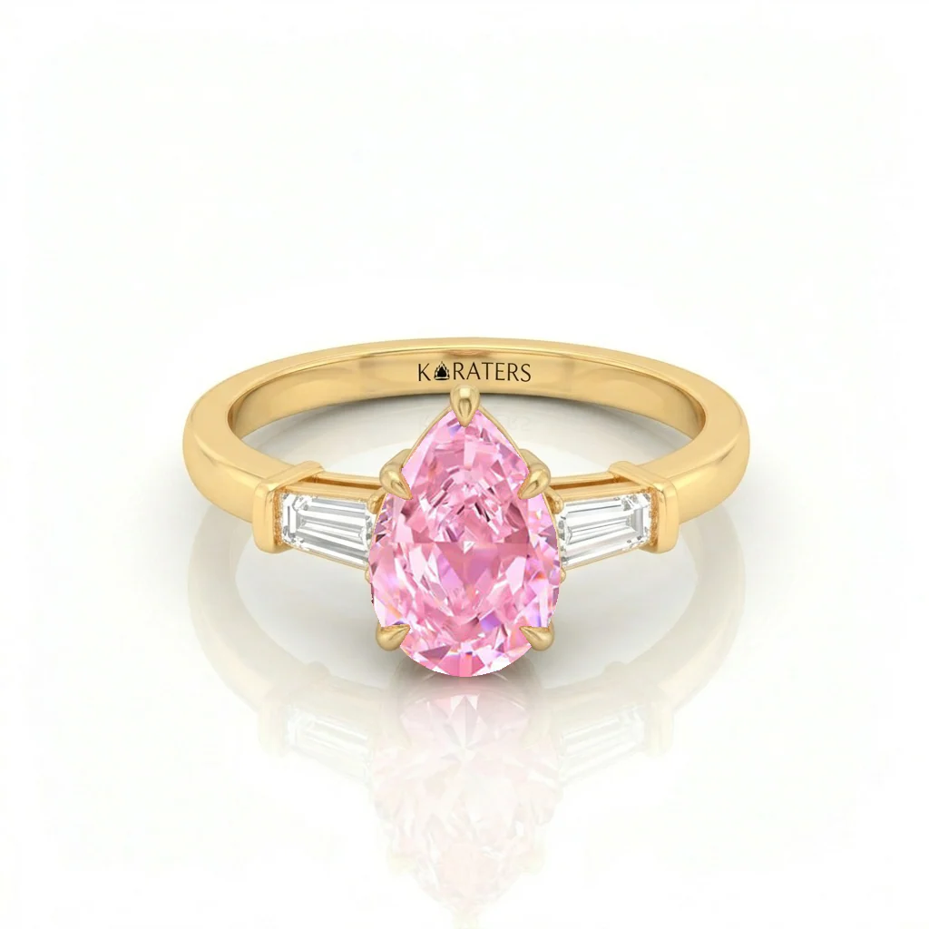 Fancy Pink Pear Shape Lab-Grown Diamond Engagement Ring with Tapered Baguette Sidestones - Image 5
