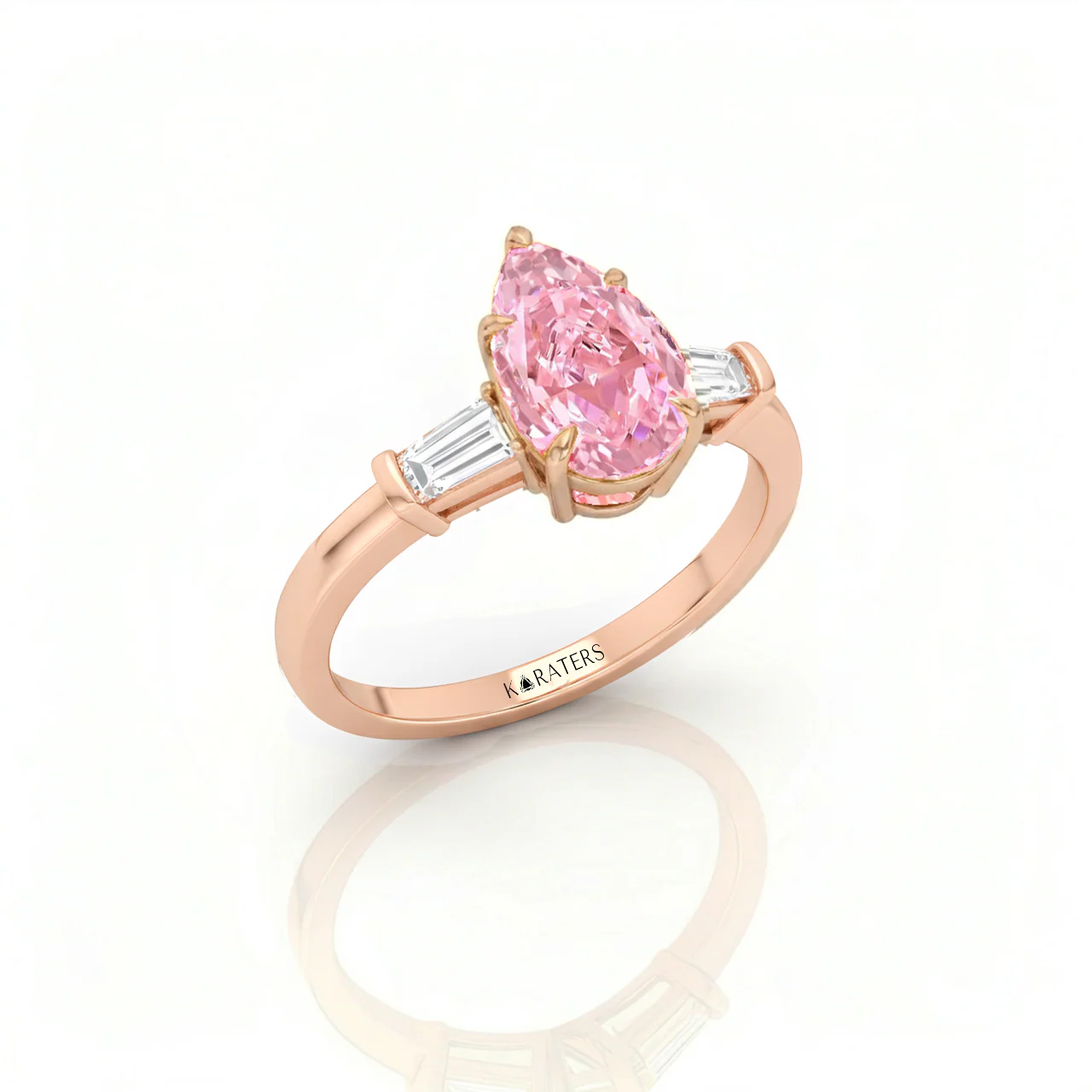 Fancy Pink Pear Shape Lab-Grown Diamond Engagement Ring with Tapered Baguette Sidestones - Image 6