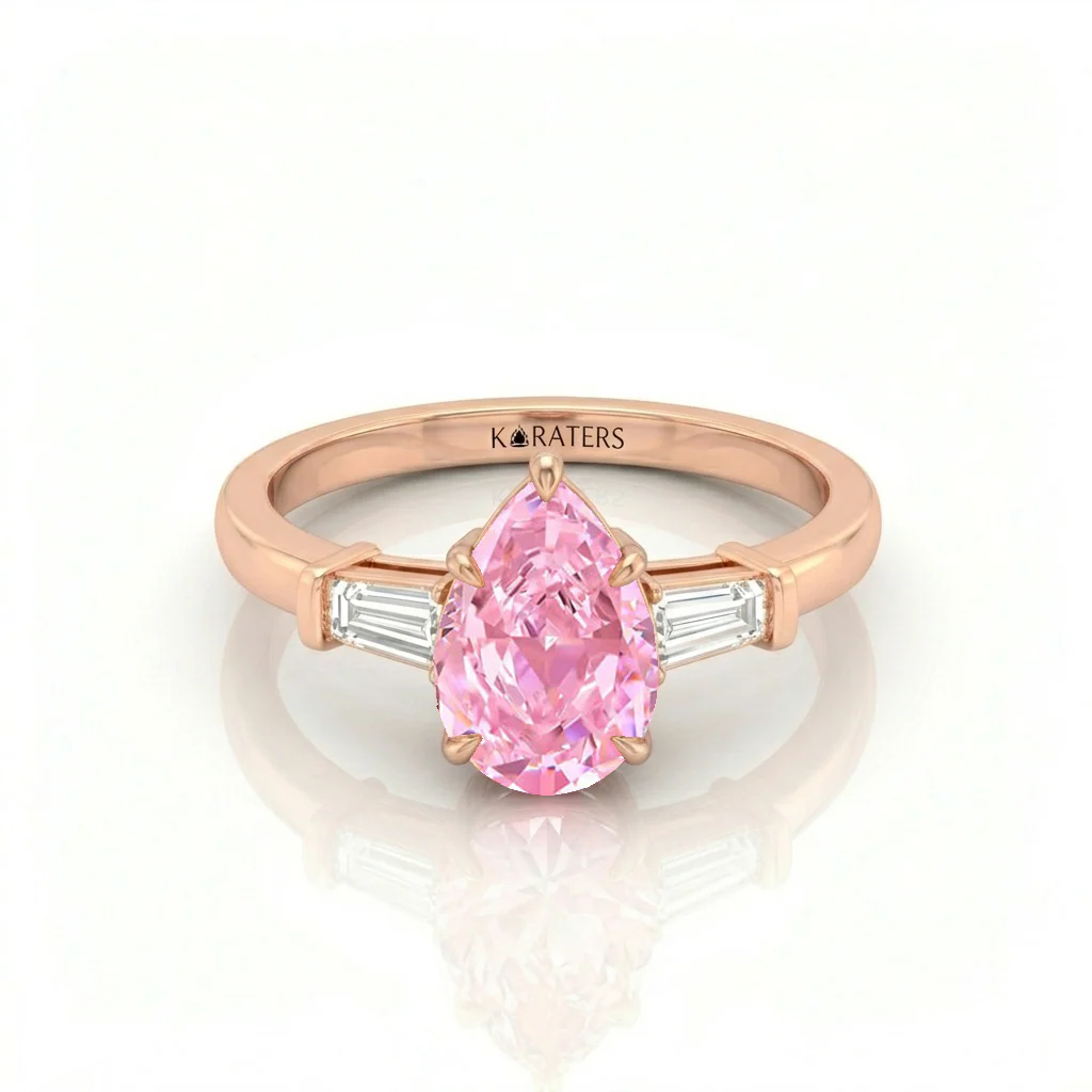 Fancy Pink Pear Shape Lab-Grown Diamond Engagement Ring with Tapered Baguette Sidestones - Image 7