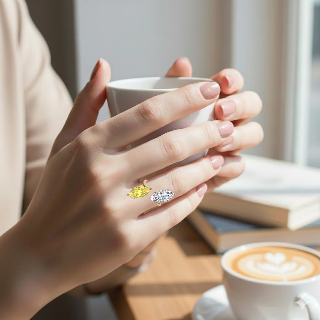 Fancy Yellow Marquise Cut Lab Grown Diamond Bypass Two Stone Engagement Ring - Image 10