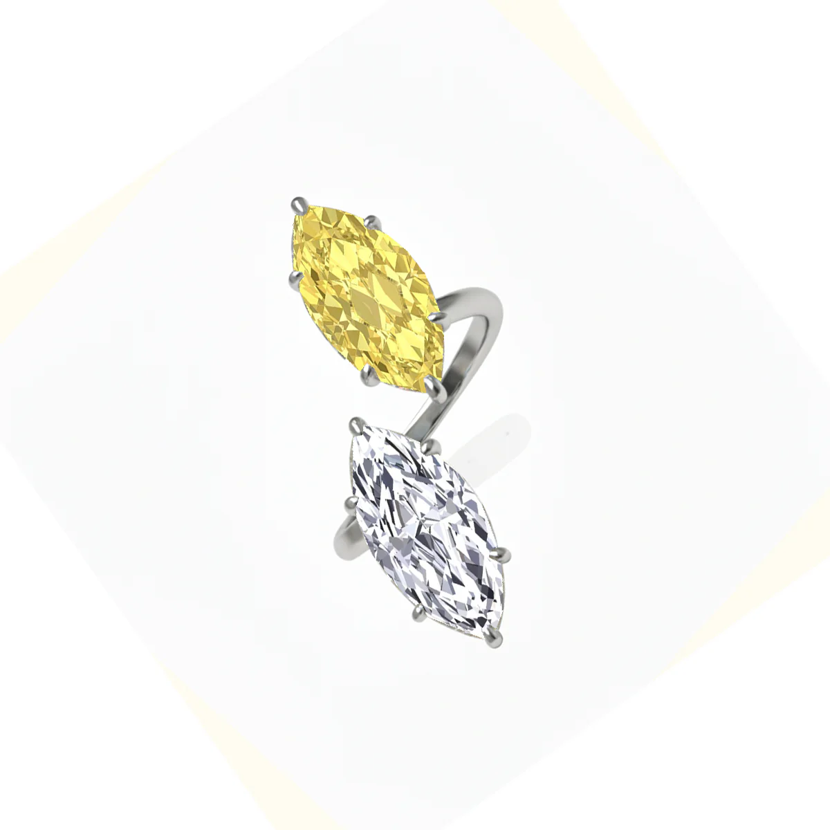 Fancy Yellow Marquise Cut Lab Grown Diamond Bypass Two Stone Engagement Ring - Image 3