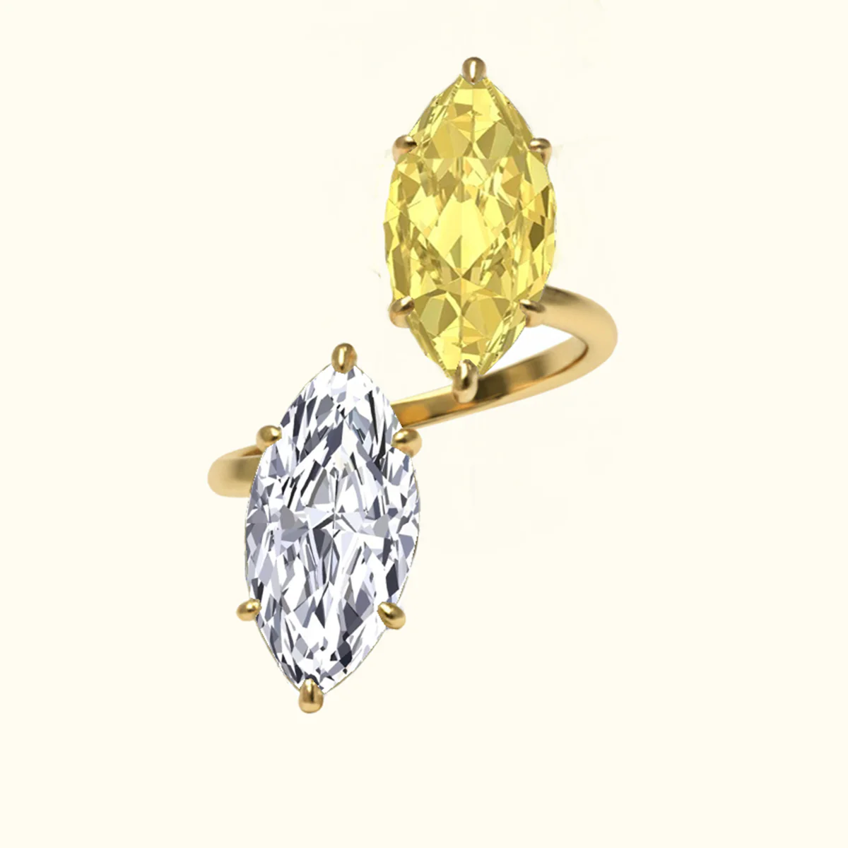 Fancy Yellow Marquise Cut Lab Grown Diamond Bypass Two Stone Engagement Ring - Image 5