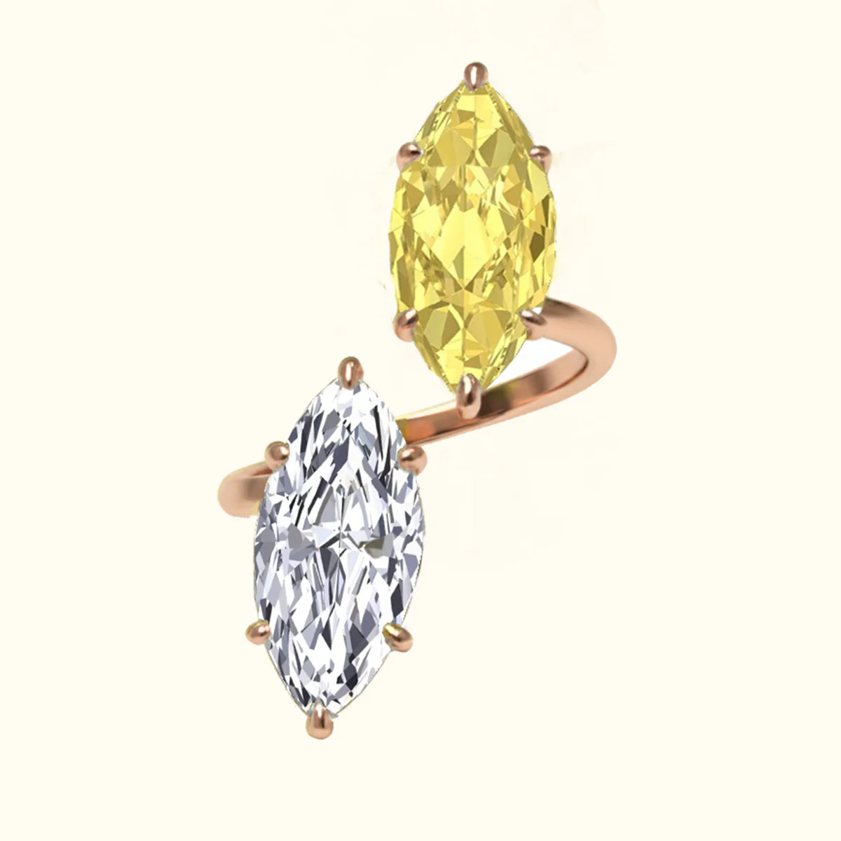 Fancy Yellow Marquise Cut Lab Grown Diamond Bypass Two Stone Engagement Ring - Image 8