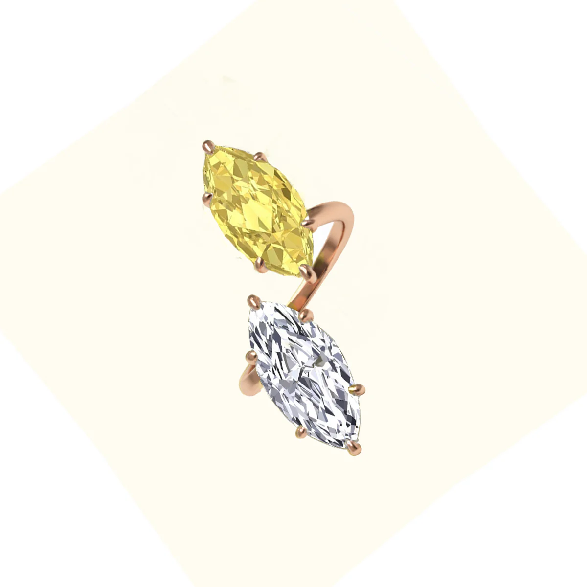 Fancy Yellow Marquise Cut Lab Grown Diamond Bypass Two Stone Engagement Ring - Image 9