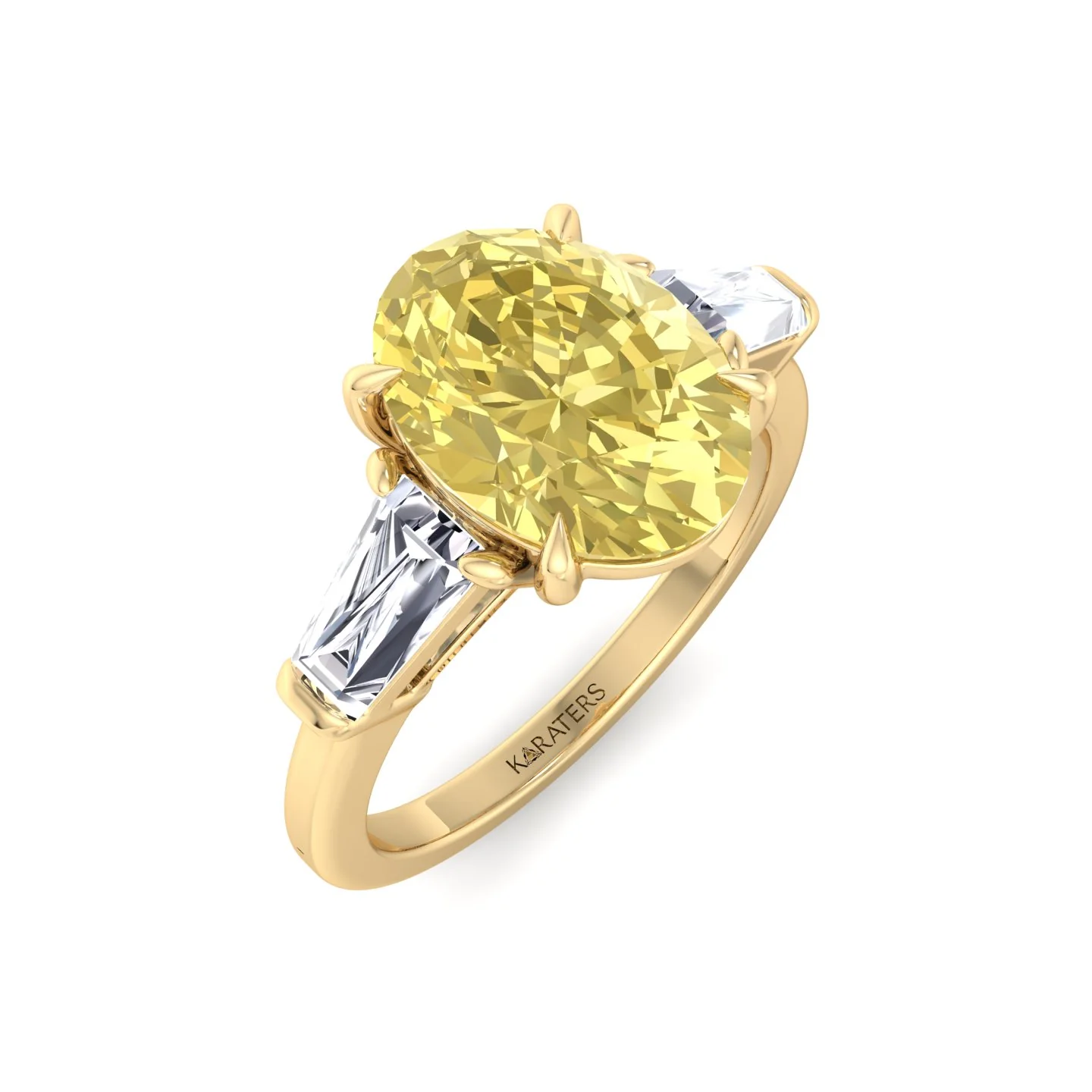 Fancy Yellow Oval Shape Lab Grown Diamond Engagement Ring with Tapered Baguette Sidestones - Image 10