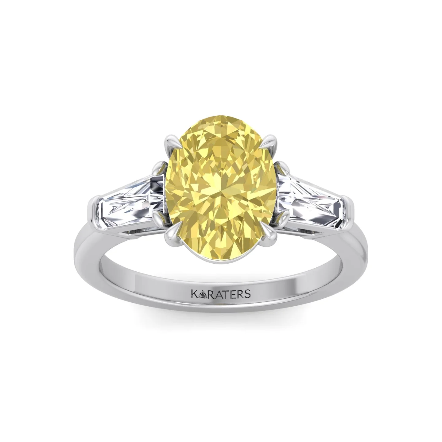 Fancy Yellow Oval Shape Lab Grown Diamond Engagement Ring with Tapered Baguette Sidestones - Image 3
