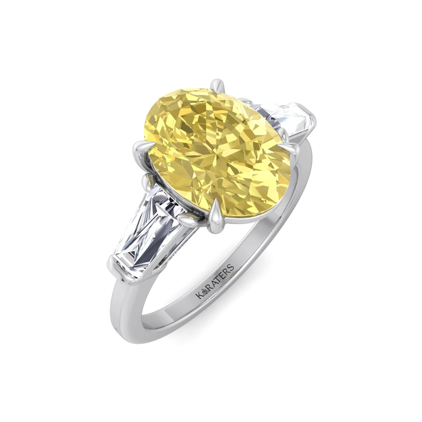 Fancy Yellow Oval Shape Lab Grown Diamond Engagement Ring with Tapered Baguette Sidestones - Image 5