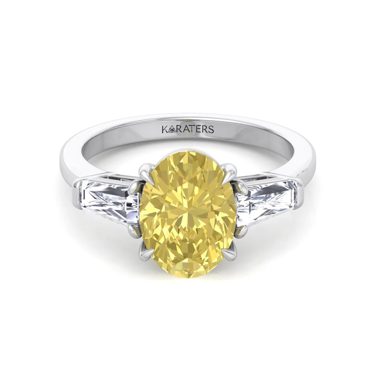 Fancy Yellow Oval Shape Lab Grown Diamond Engagement Ring with Tapered Baguette Sidestones - Image 6