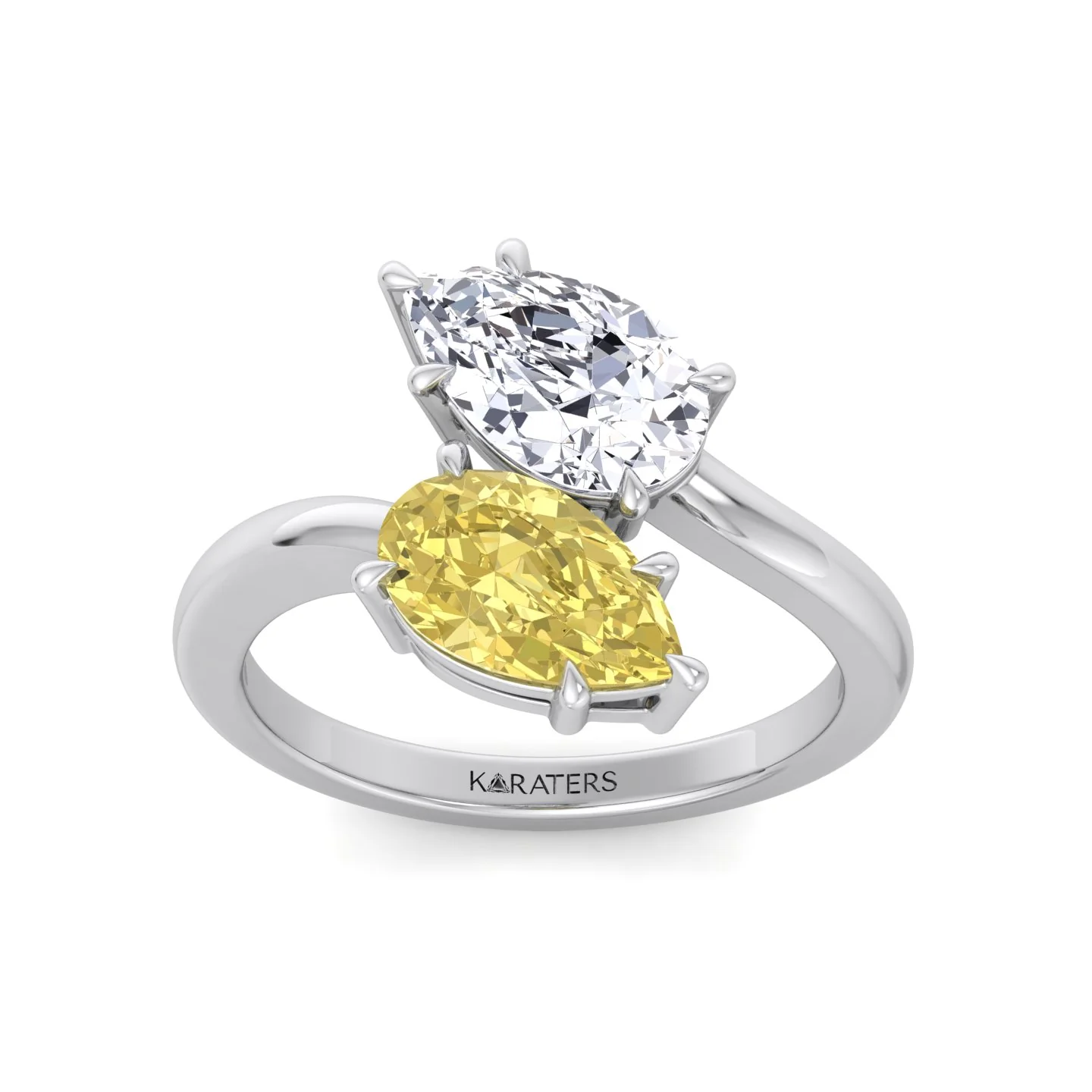 Fancy Yellow Pear Shape Lab Grown Diamond Bypass Two Stone Engagement Ring - Image 3