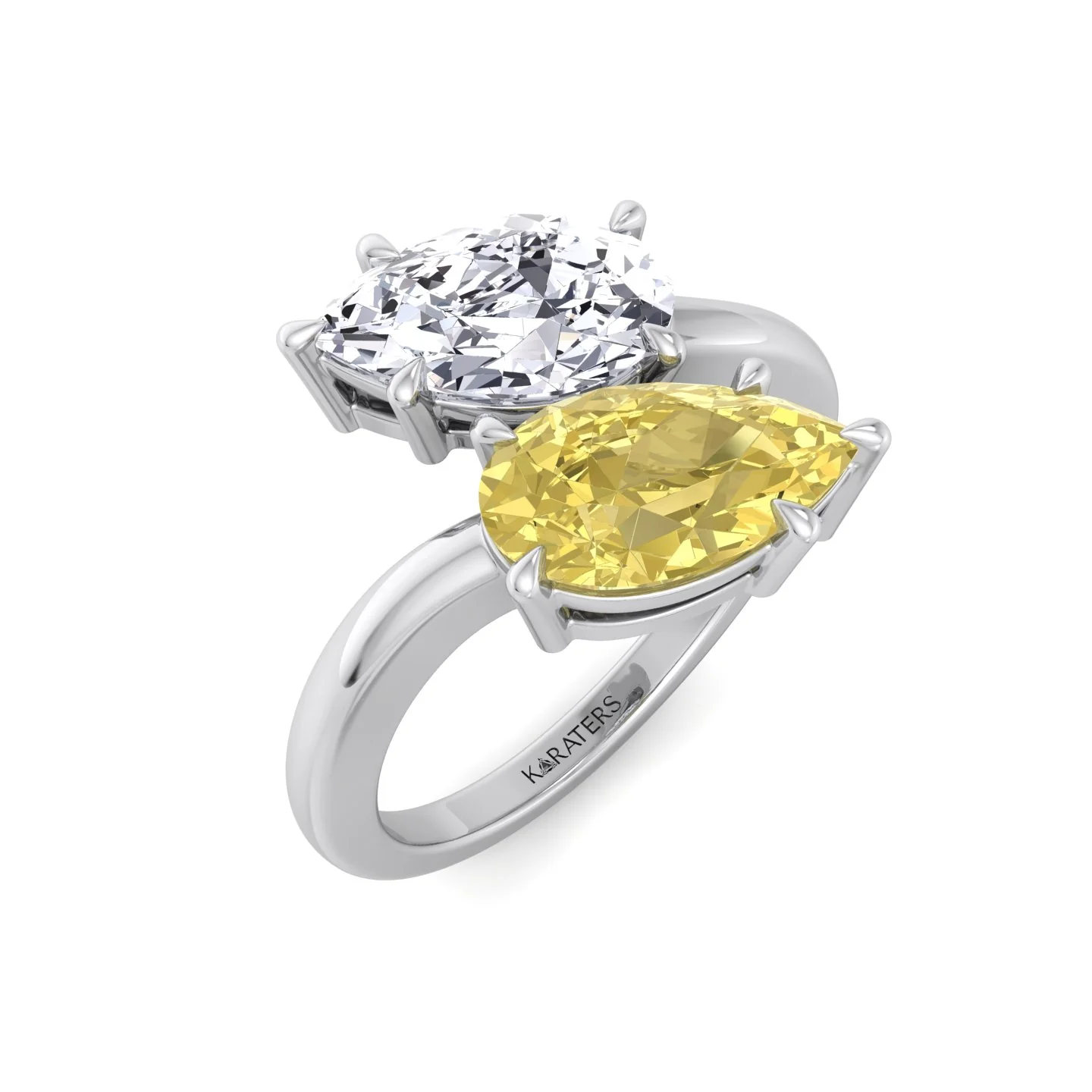 Fancy Yellow Pear Shape Lab Grown Diamond Bypass Two Stone Engagement Ring - Image 5