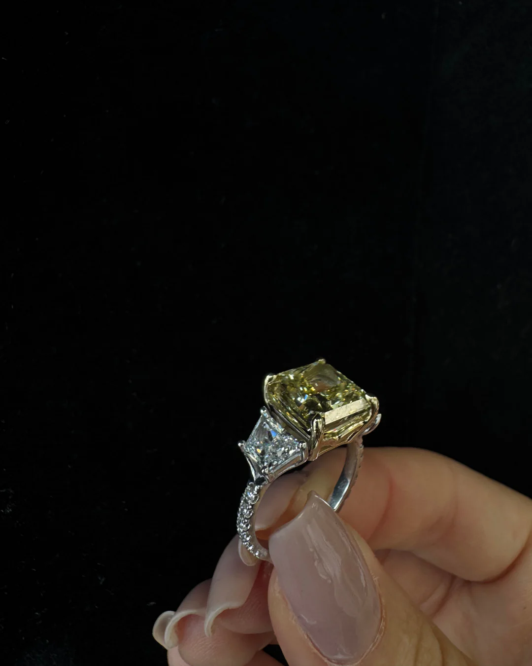 Fancy Yellow Radiant Cut Lab-Grown Diamond Engagement Ring with Pave Sidestones - Image 3
