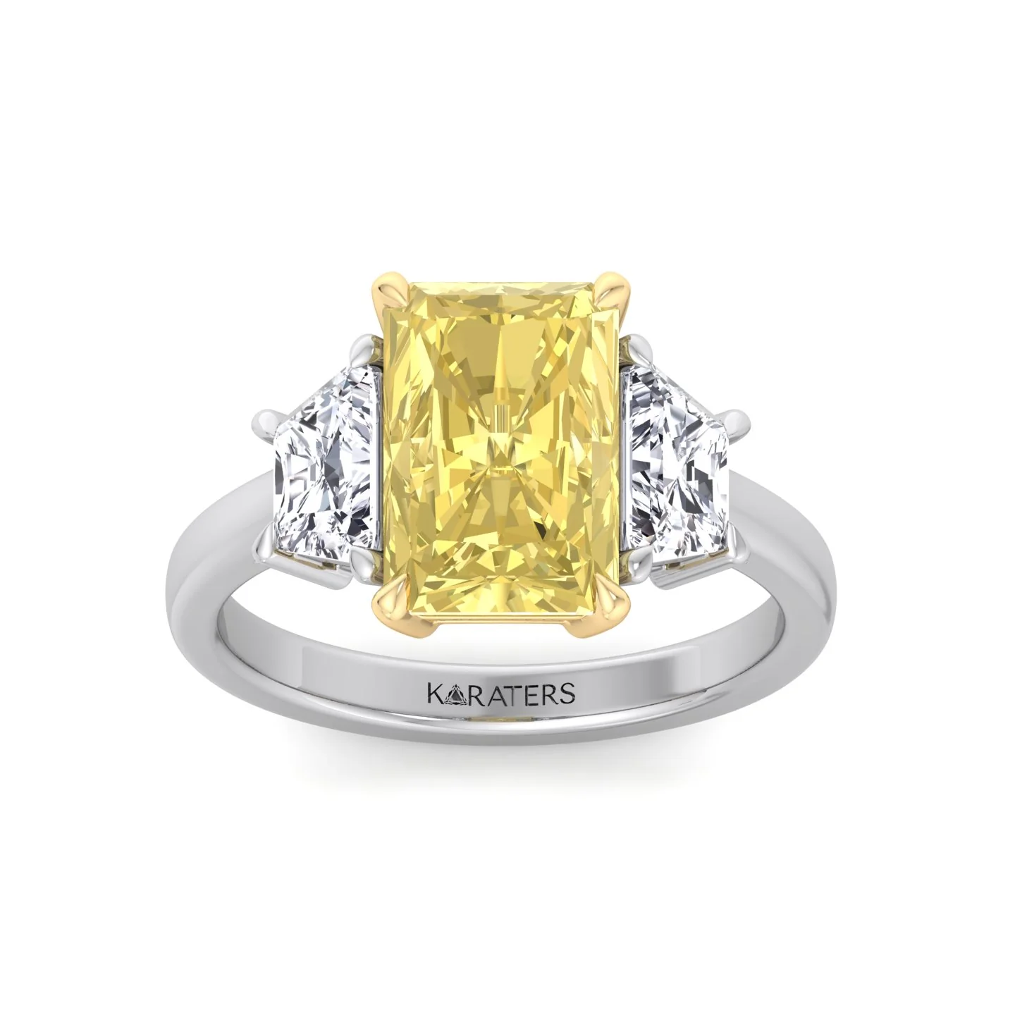 Fancy Yellow Radiant & Trapezoid Three Stone Lab-Diamond Engagement Ring - Image 3