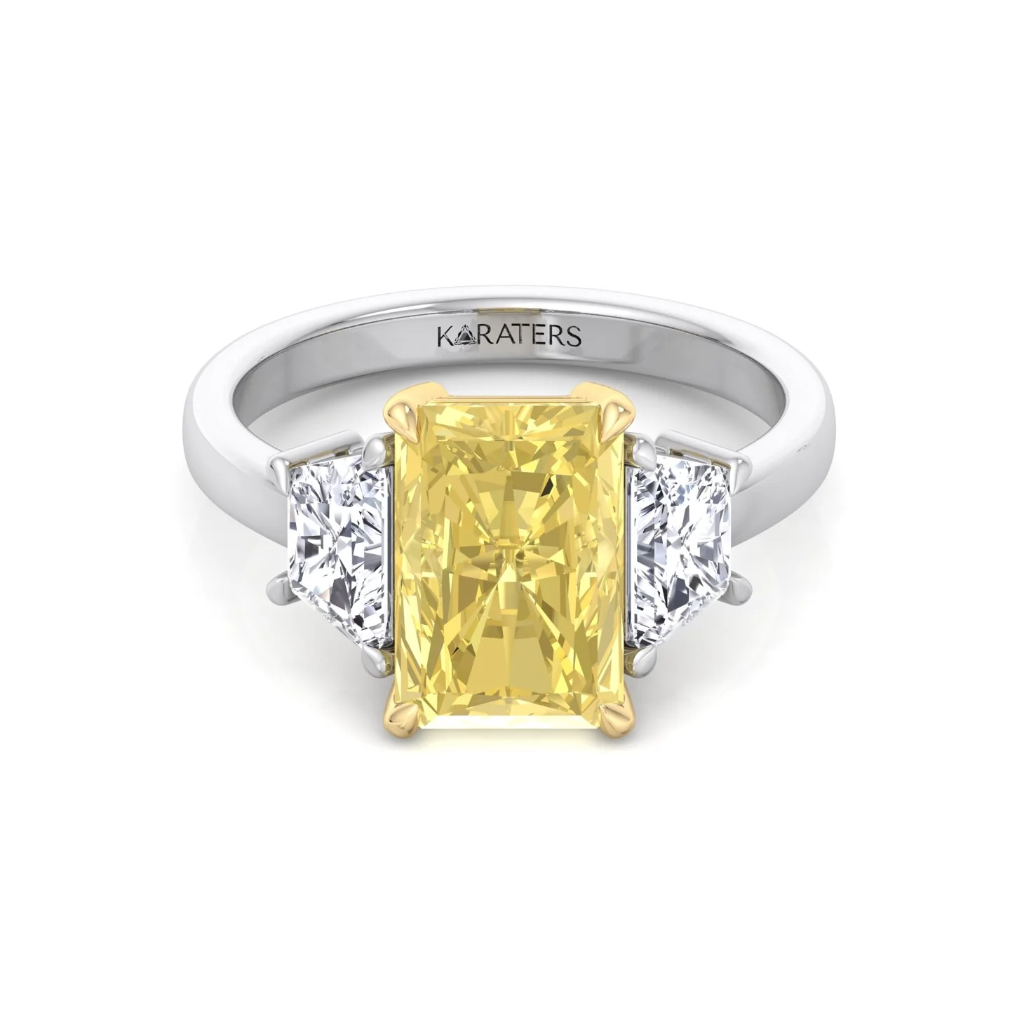 Fancy Yellow Radiant & Trapezoid Three Stone Lab-Diamond Engagement Ring - Image 6