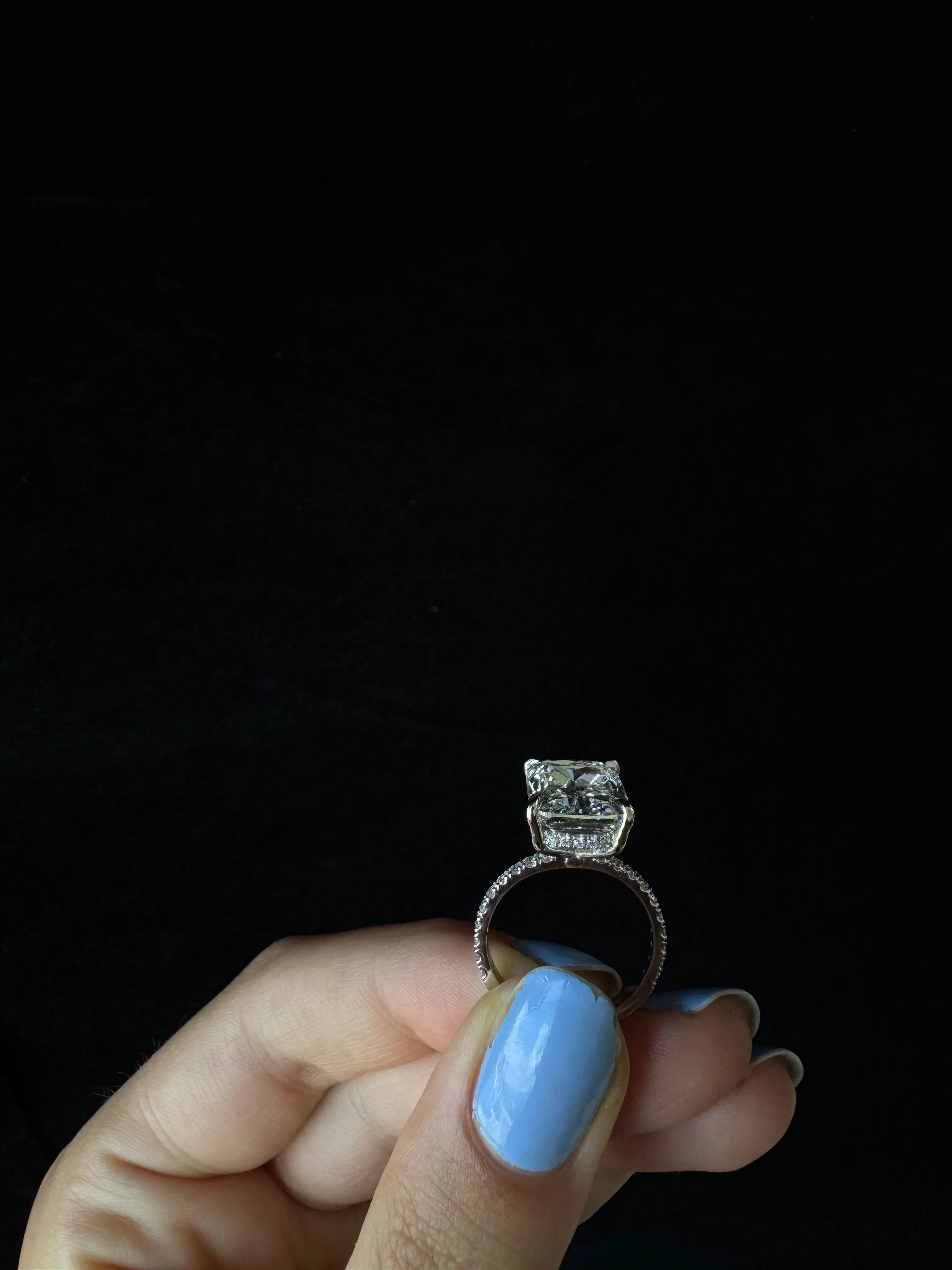 Elongated Cushion Cut Lab Grown Diamond Engagement Ring with Sidestones and Hidden Halo - Image 16