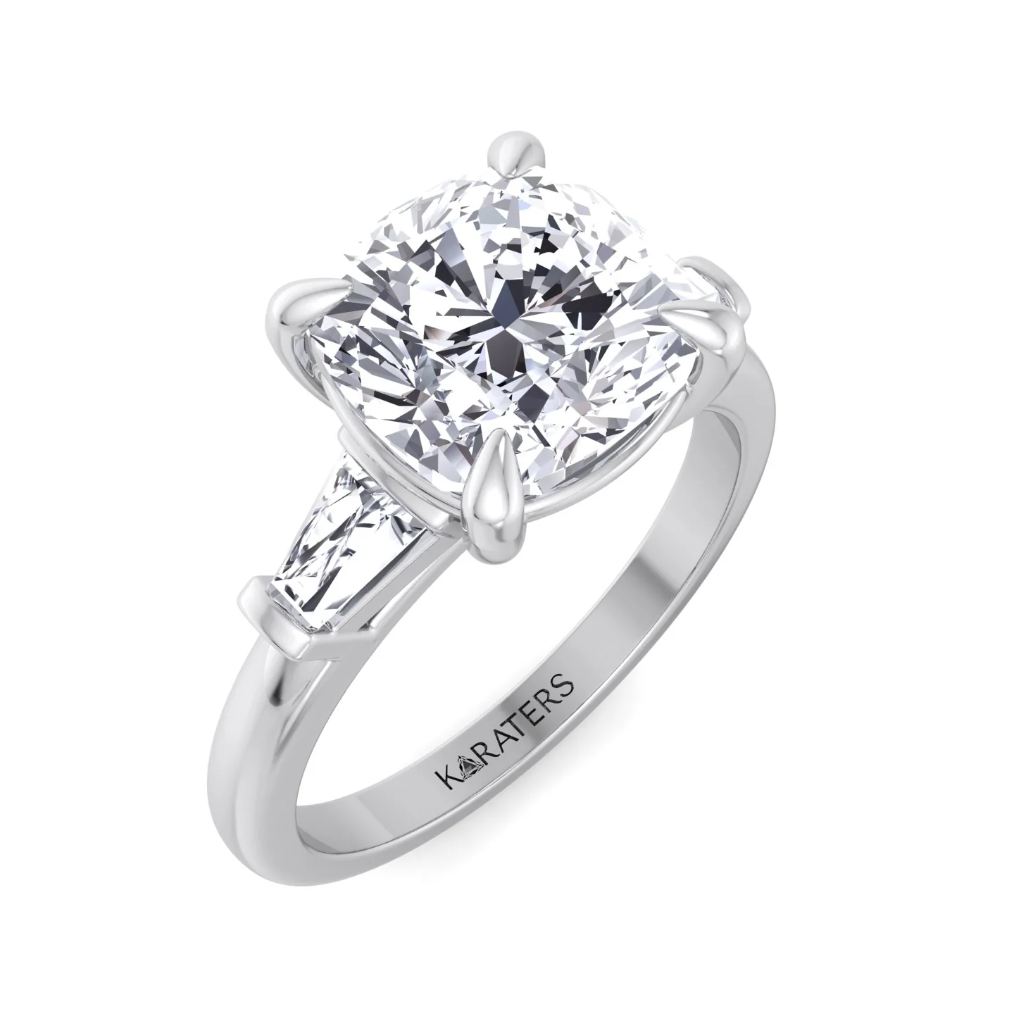 Cushion Cut Solitaire Lab Diamond Engagement Ring with Tapered Baguette SideStones - Image 3