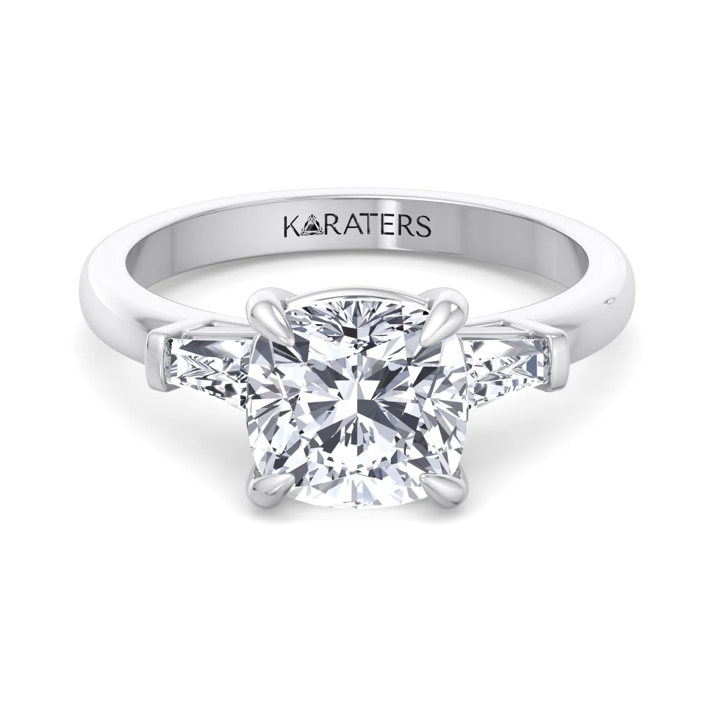Cushion Cut Solitaire Lab Diamond Engagement Ring with Tapered Baguette SideStones - Image 4