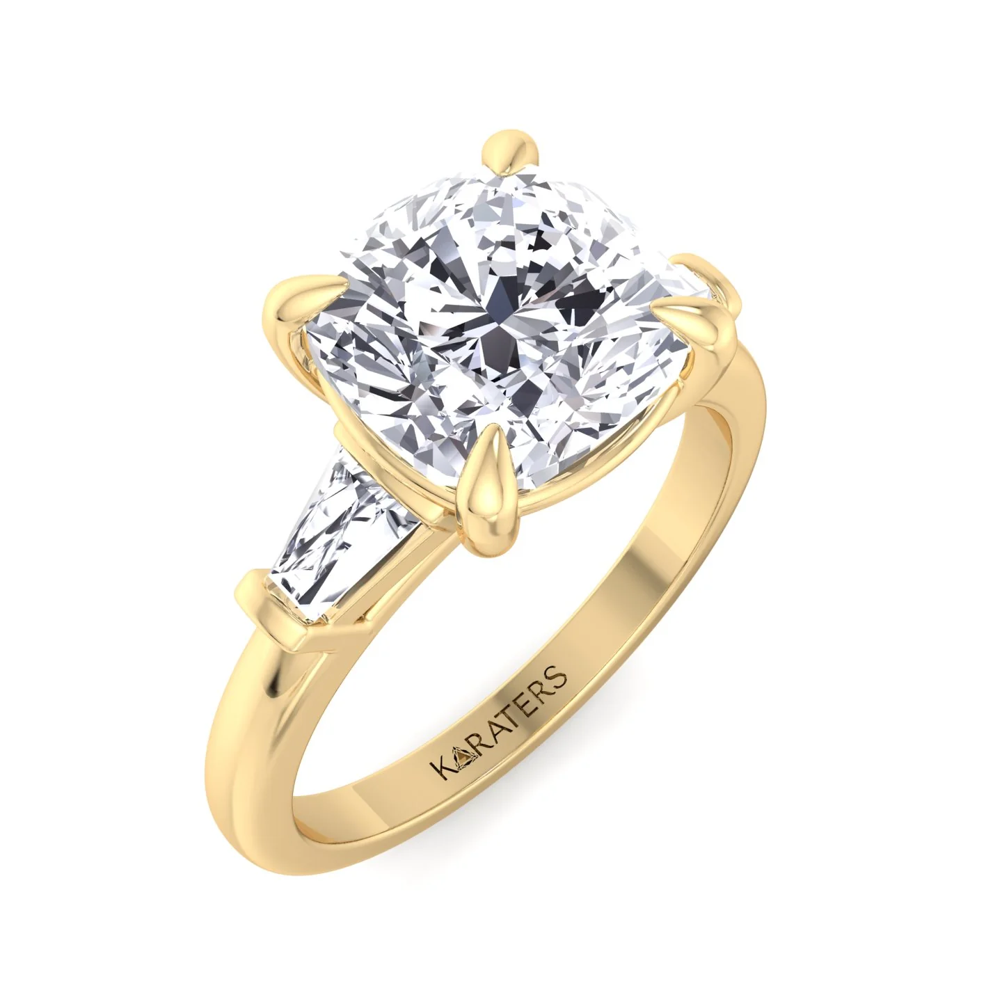 Cushion Cut Solitaire Lab Diamond Engagement Ring with Tapered Baguette SideStones - Image 6