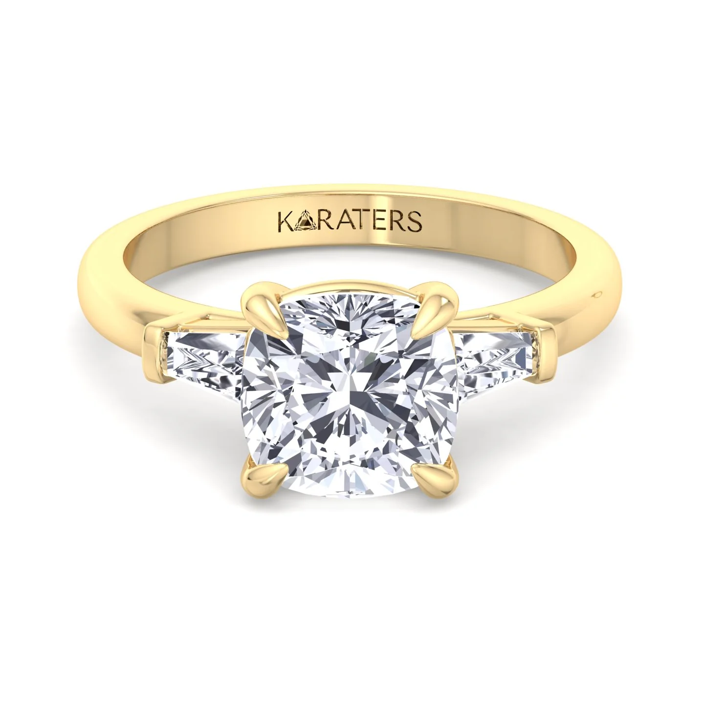Cushion Cut Solitaire Lab Diamond Engagement Ring with Tapered Baguette SideStones - Image 7