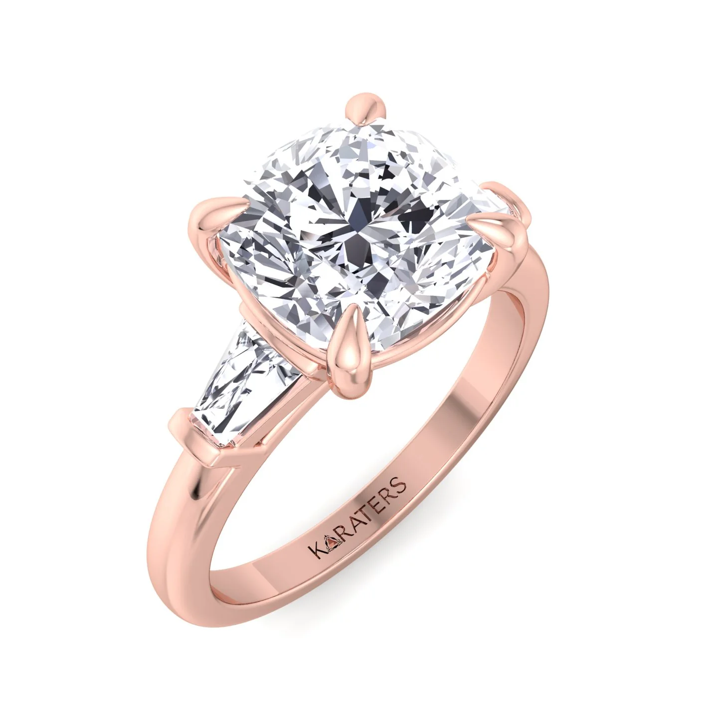 Cushion Cut Solitaire Lab Diamond Engagement Ring with Tapered Baguette SideStones - Image 9