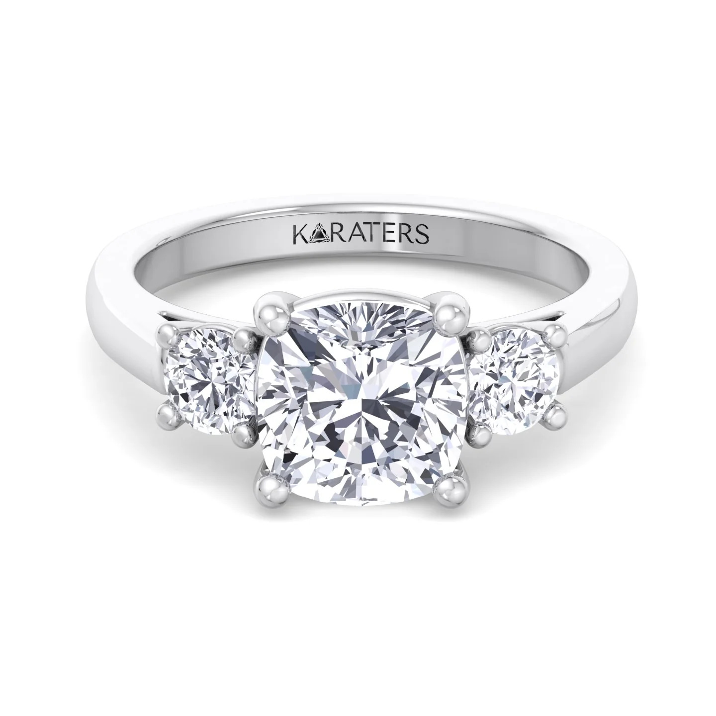 Cushion Cut Solitaire Lab Grown Diamond Engagement Ring With Round SideStones - Image 3