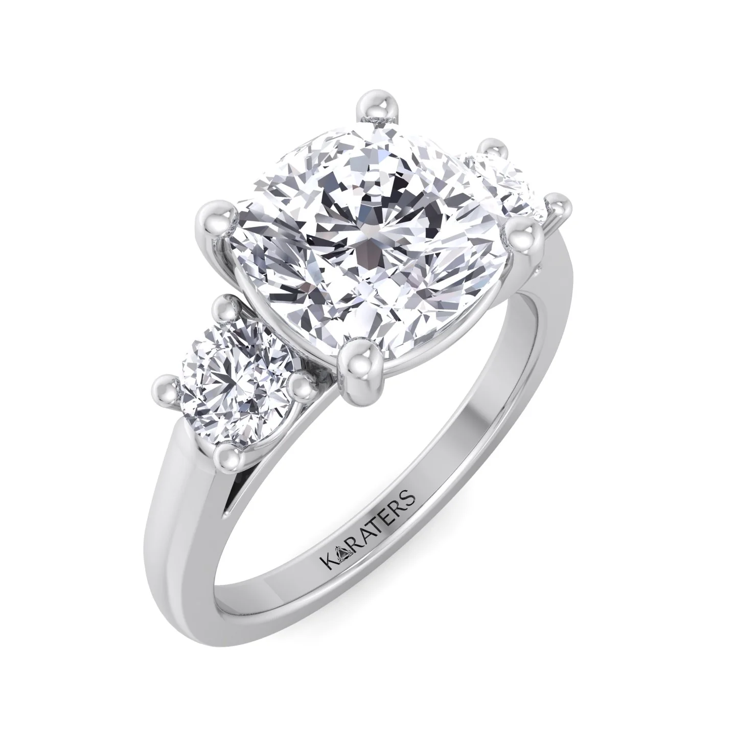 Cushion Cut Solitaire Lab Grown Diamond Engagement Ring With Round SideStones - Image 5