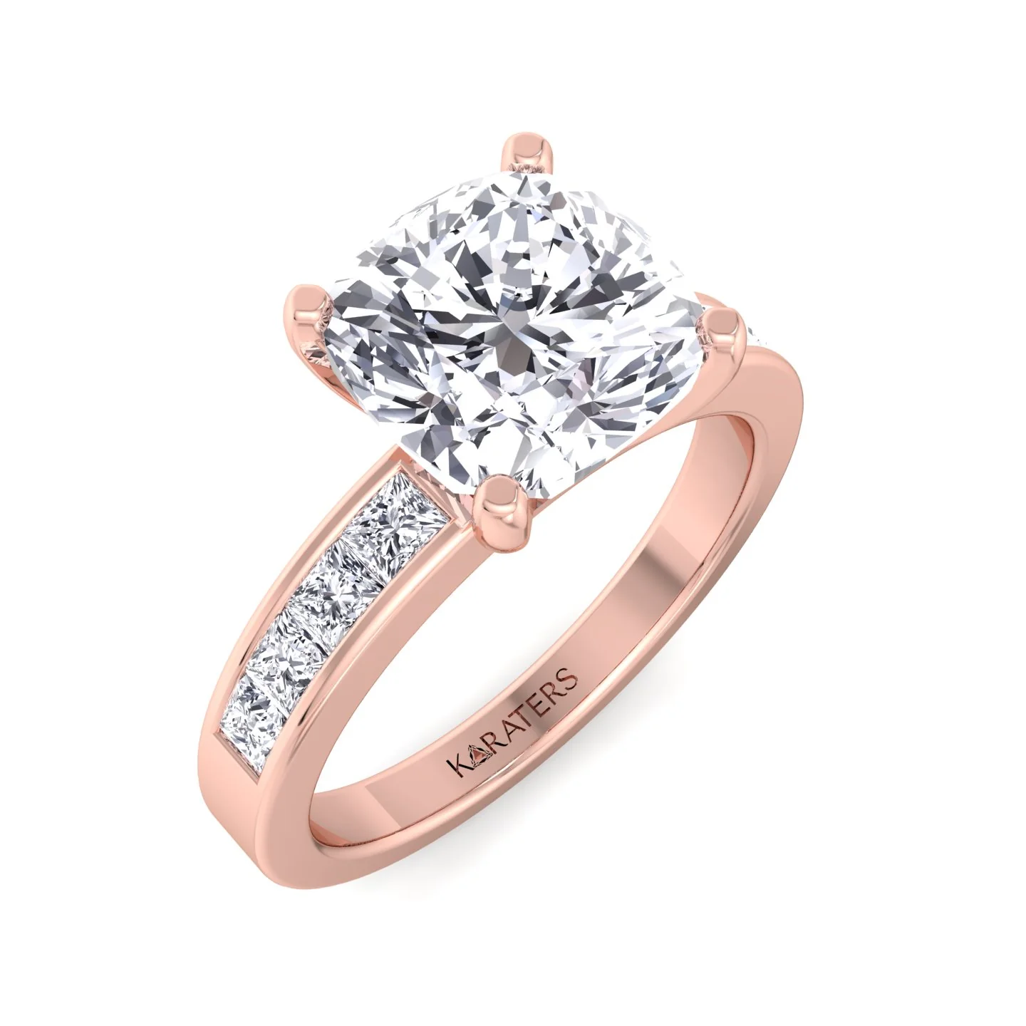 Cushion Cut Lab Grown Diamond Engagement Ring With Princess Cut SideStones - Image 13
