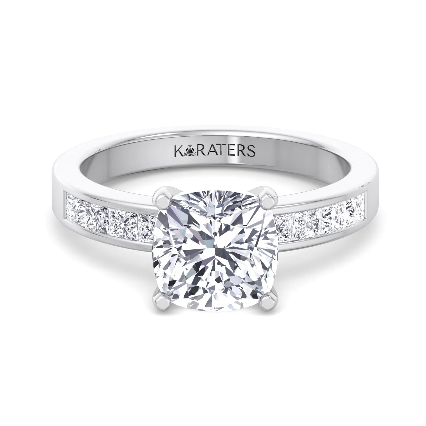 Cushion Cut Lab Grown Diamond Engagement Ring With Princess Cut SideStones - Image 4