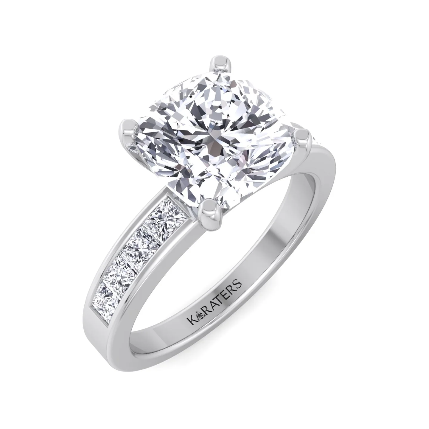 Cushion Cut Lab Grown Diamond Engagement Ring With Princess Cut SideStones - Image 6