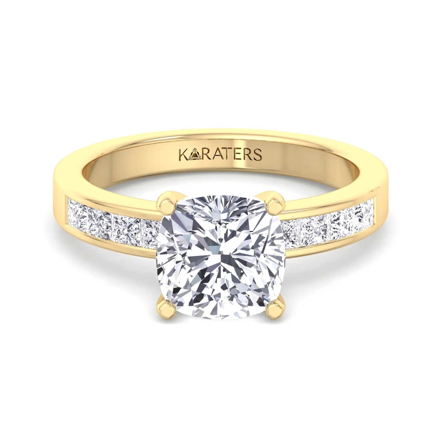 Cushion Cut Lab Grown Diamond Engagement Ring With Princess Cut SideStones - Image 7