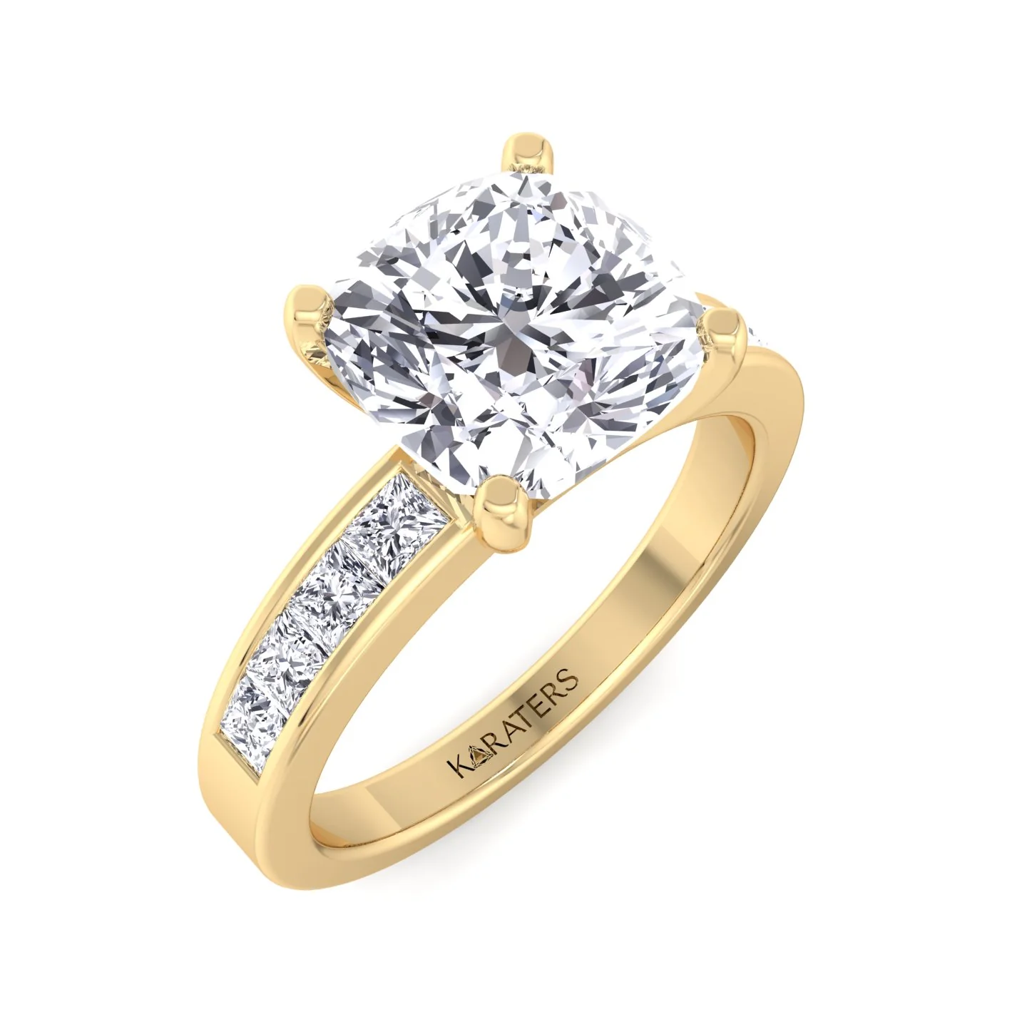 Cushion Cut Lab Grown Diamond Engagement Ring With Princess Cut SideStones - Image 9